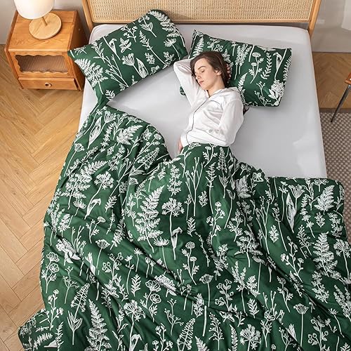 Miniatura 6 de Janzaa - Juego de edredón tamaño Queen, color esmeralda juego de ropa de cama floral de 3 piezas, con estampado de plantas y flores mullido juego de