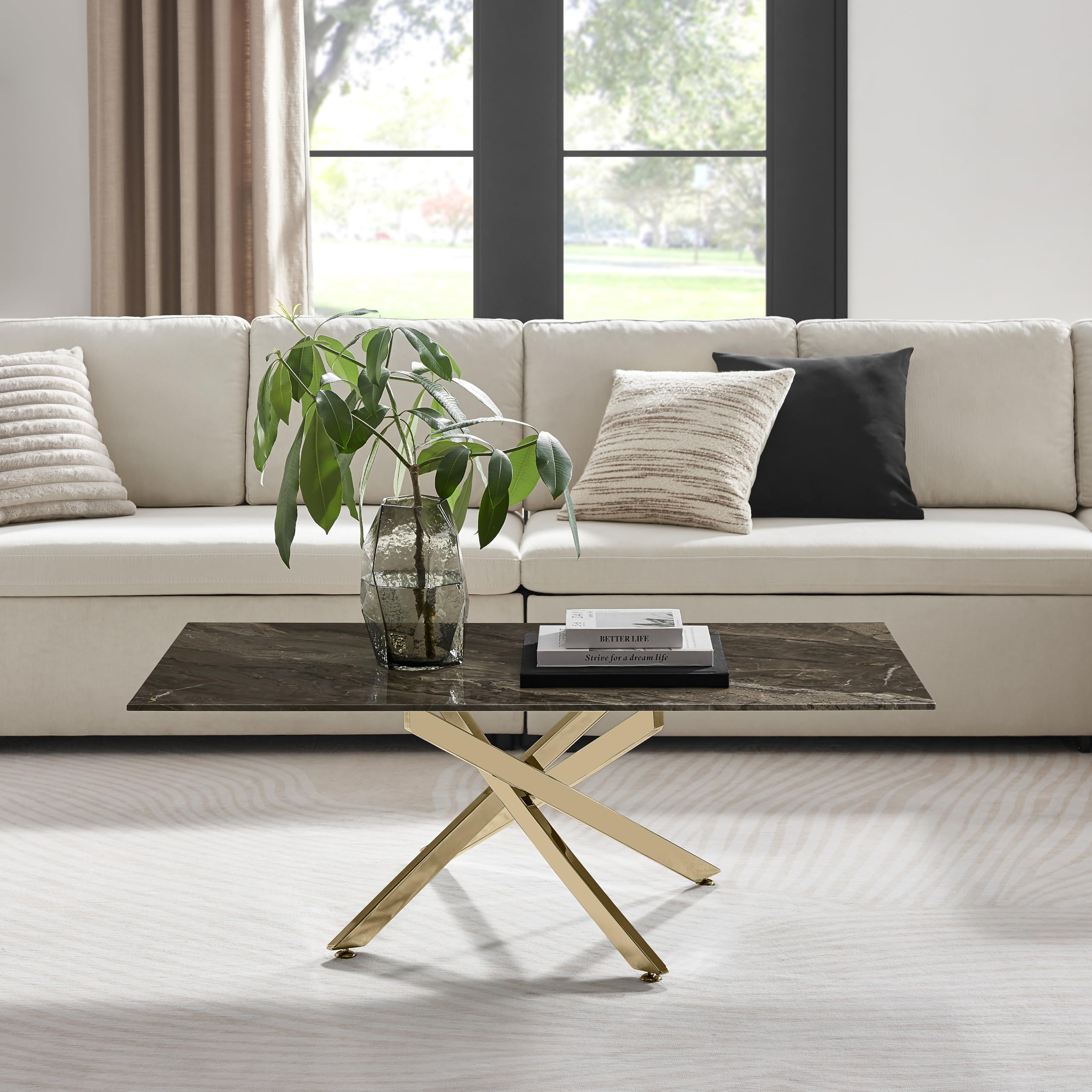 Furniturebox UK Leonardo Glass Dark Marble Effect Coffee Table - Shiny Gold Metal Legs In Stylish Nested Starburst Design - Modern Living Room Furniture for Contemporary Homes — image 1