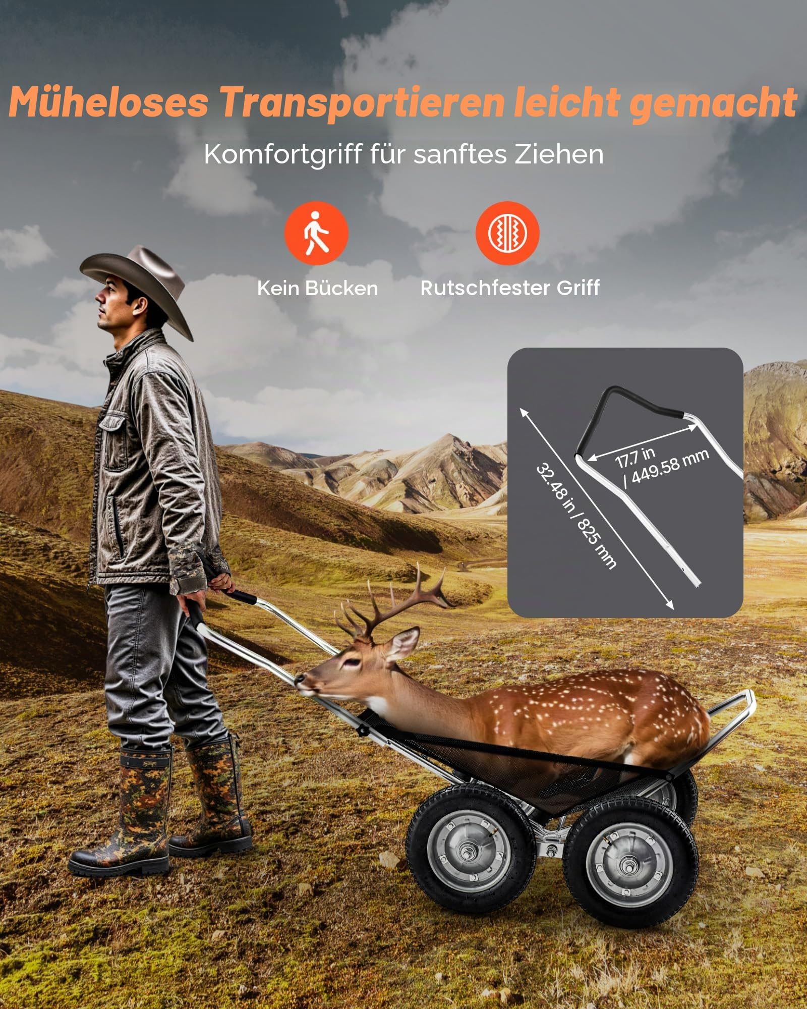 VEVOR Transportkarre Wildkarren 227 kg, Hochleistungs-Transportwagen, geländegängiger, zusammenklappbarer Wildtransportwagen mit stoßdämpfenden Reifen, Transportwagen für die Jagd Angeln Wandern