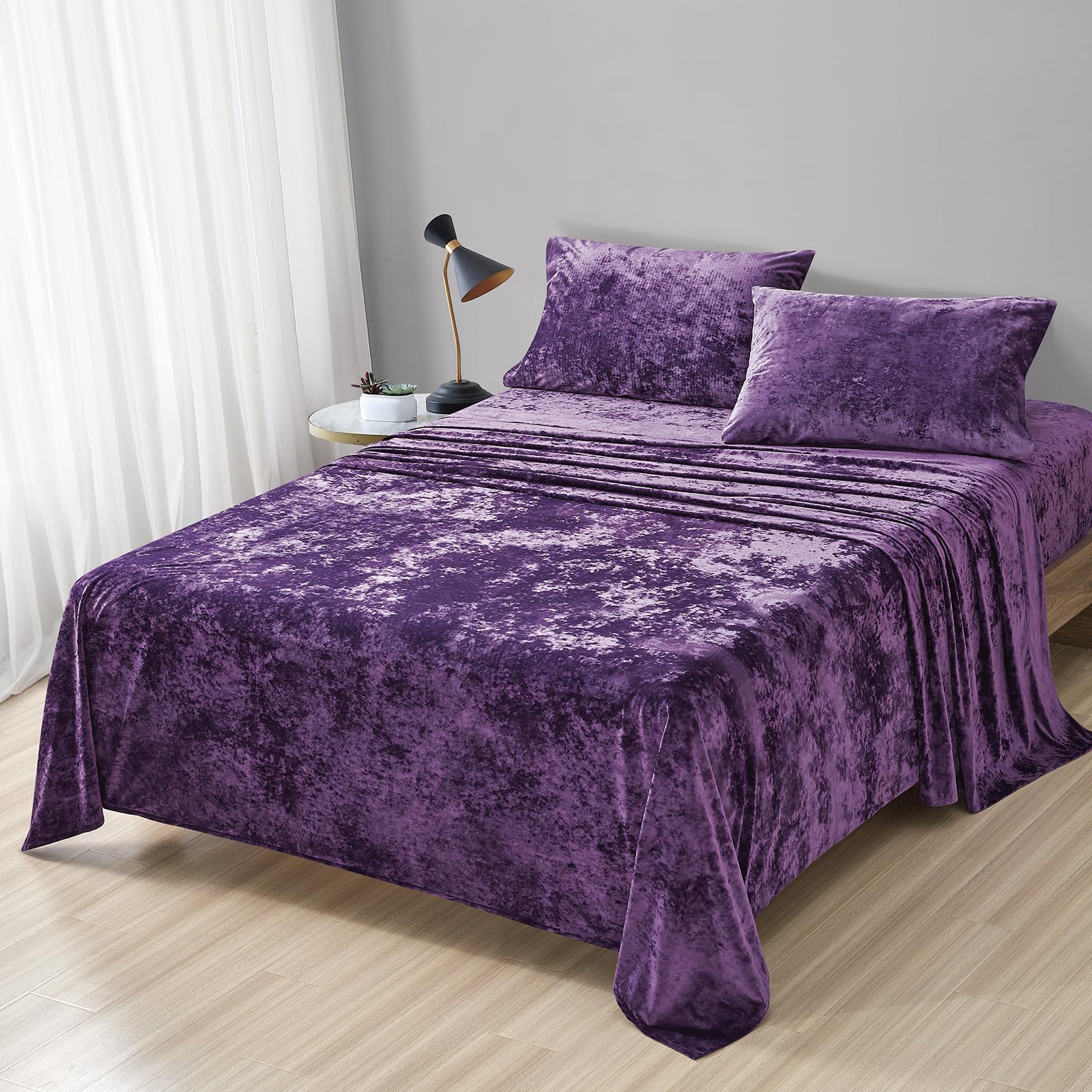 Fredsure Distressed Velvet Sheet Set, 4 Pieces Purple Queen, Ultra Soft, Warm