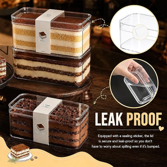 25 Pack Rectangle Dessert Cups with Lid & Spoon, 250ml Reusable Dessert Pot