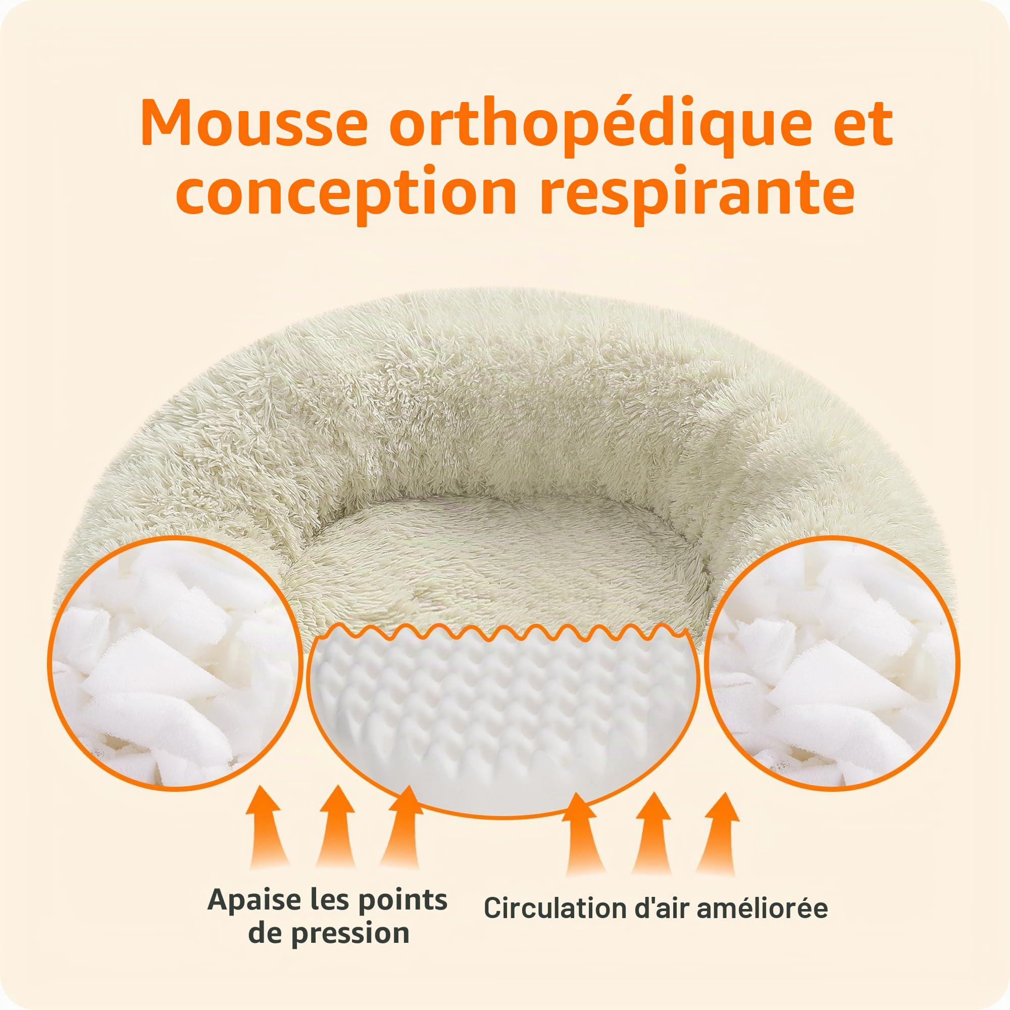 HMTOPE Lit orthopédique pour chien rond Coussin pour chien Canapé pour chat Lit en forme de donut Doux Panier pour chien Lavable, 100 cm Ø, Beige