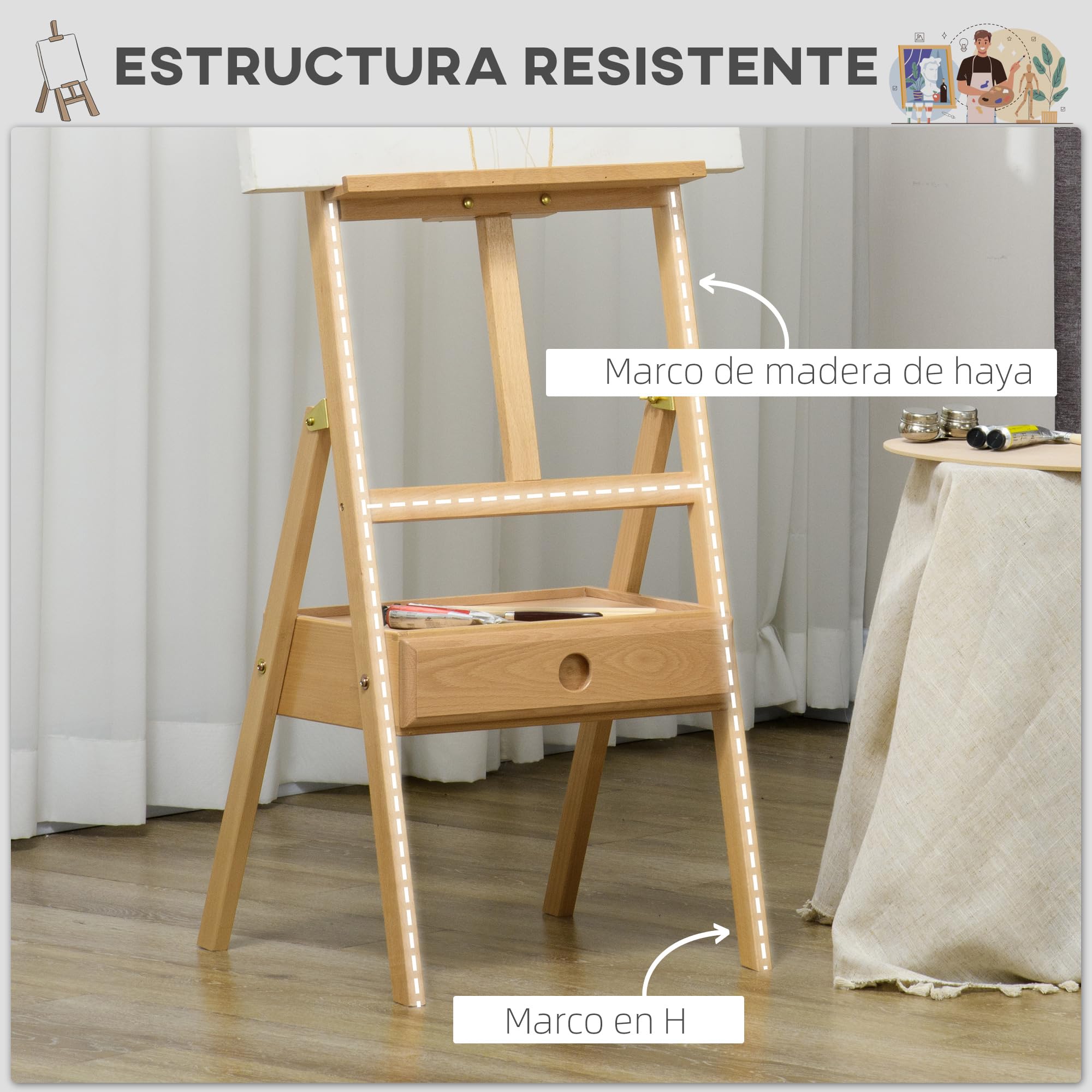 Vinsetto Caballete de Pintura con Marco en H 43,5x43x150-190 cm Natural | Madera, Lienzos hasta 92 cm, Cajón, Altura Ajustable, Caballete de Estudio
