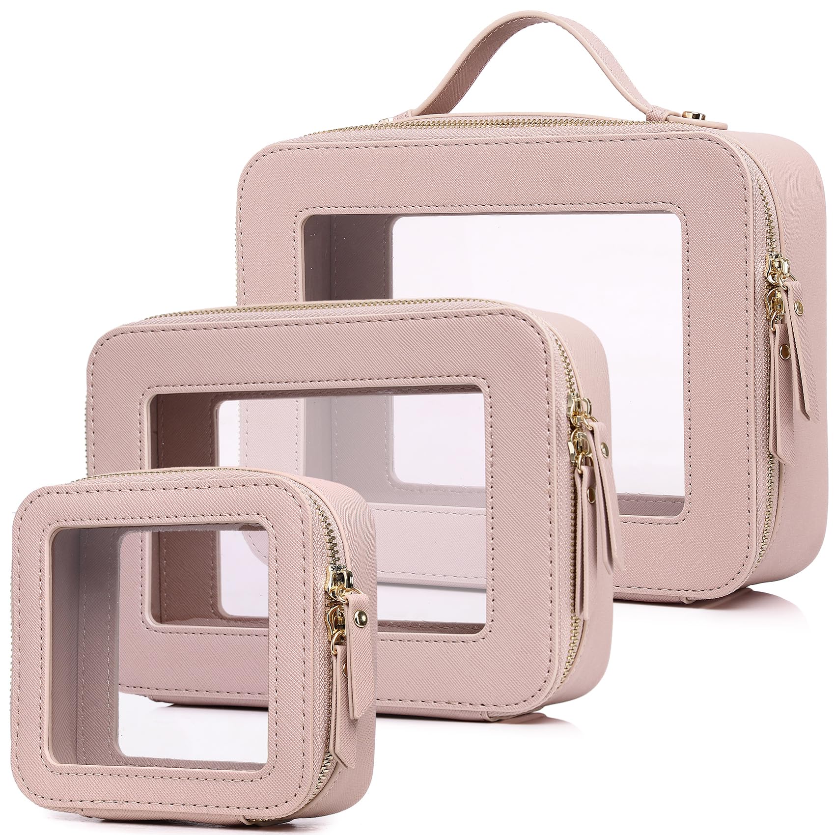 Pinkmik Durchsichtige Make-up-Tasche, transparentes Reise-Set für Kosmetika und Toilettenartikel, Pinseltasche für Damen und transparente Autotasche mit Reißverschluss, D/Rosa, L+M+Mini, Transparentes