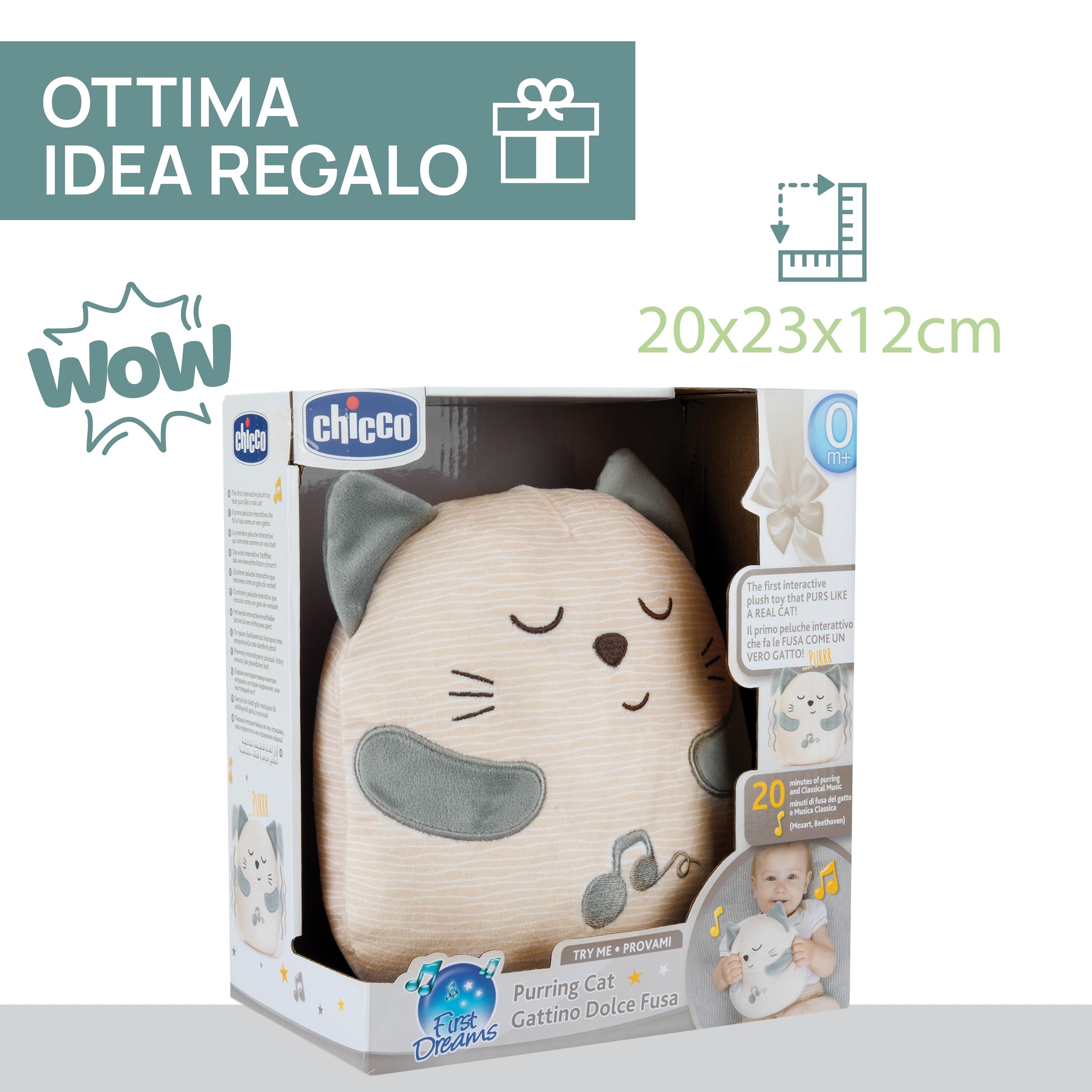 Chicco, Gatito Ronroneador, Peluche Electrónico Interactivo, Reproduce el Sonido y Las Vibraciones de los Ronroneos del Gato, Música Clásica, Tacto Suave, Lavable en Lavadora, Juguete Bebés +0 Meses