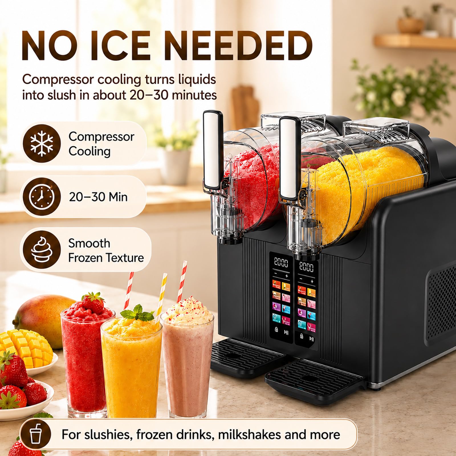 Máquina Slush con Tanque Claro - 4000ml Doble Depósito, Mezcla 3D, Dureza Ajustable, Dispensado Uniforme Black