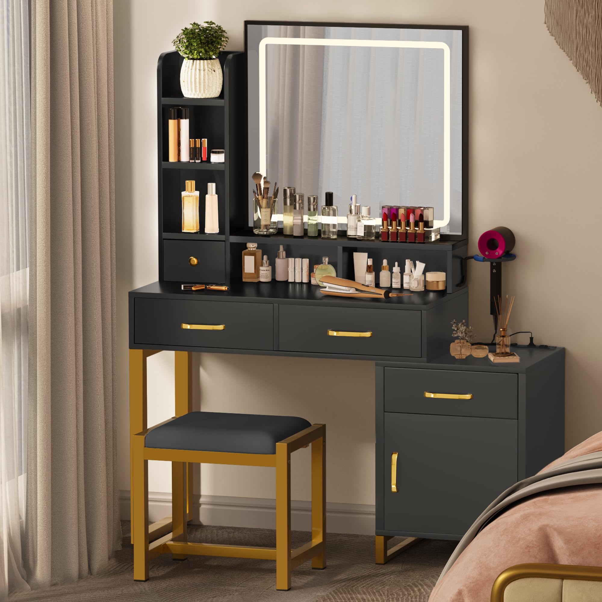 Tavolo Toeletta YITAHOME Con LED, 11 Cassetti E Presa - Bianco Moderno - Foto 11