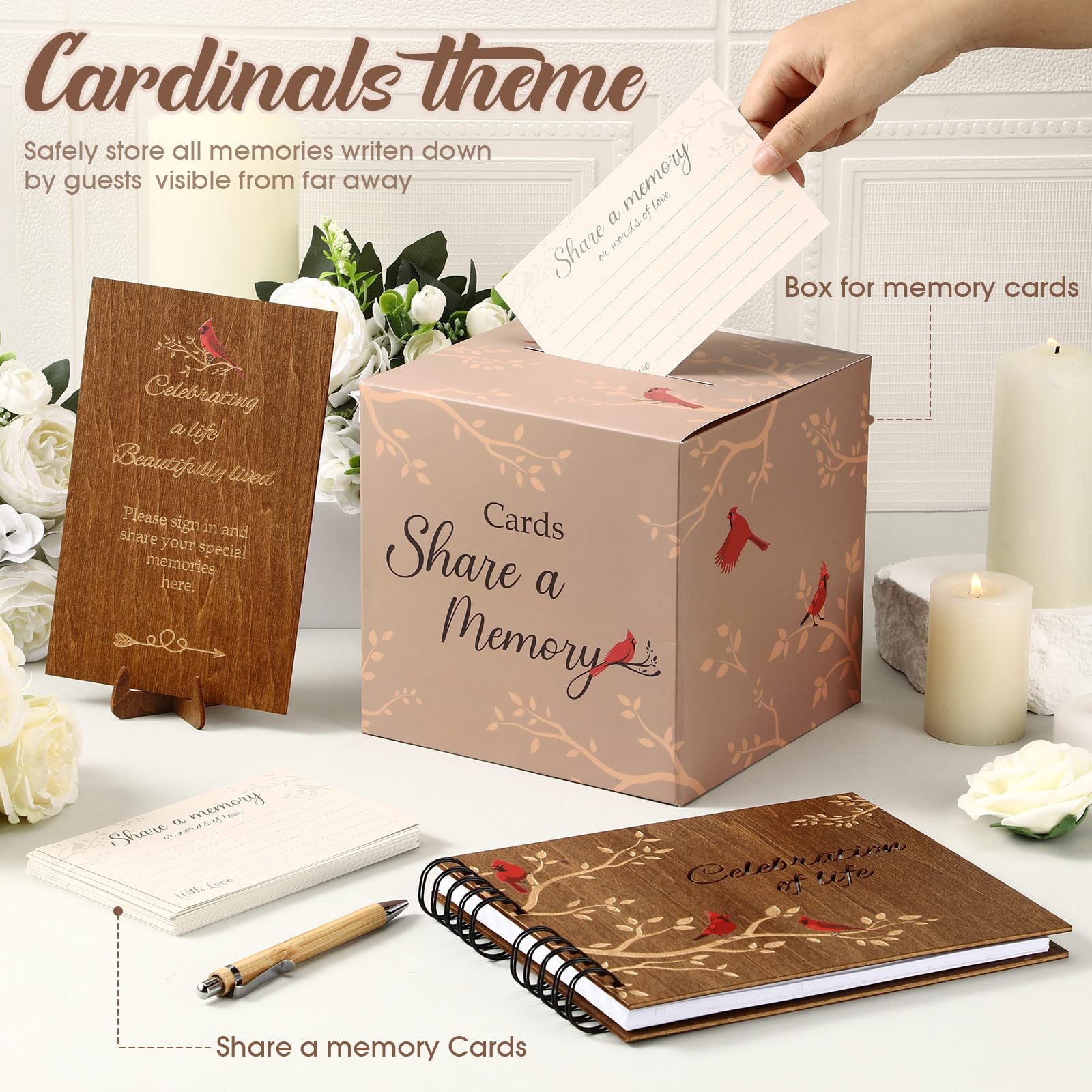 Engrowtic Juego de 64 libros de invitados funerarios de madera con diseño de cardenal para celebrar la vida por el servicio conmemorativo en memoria amorosa, 60 piezas de tarjetas de memoria, caja de