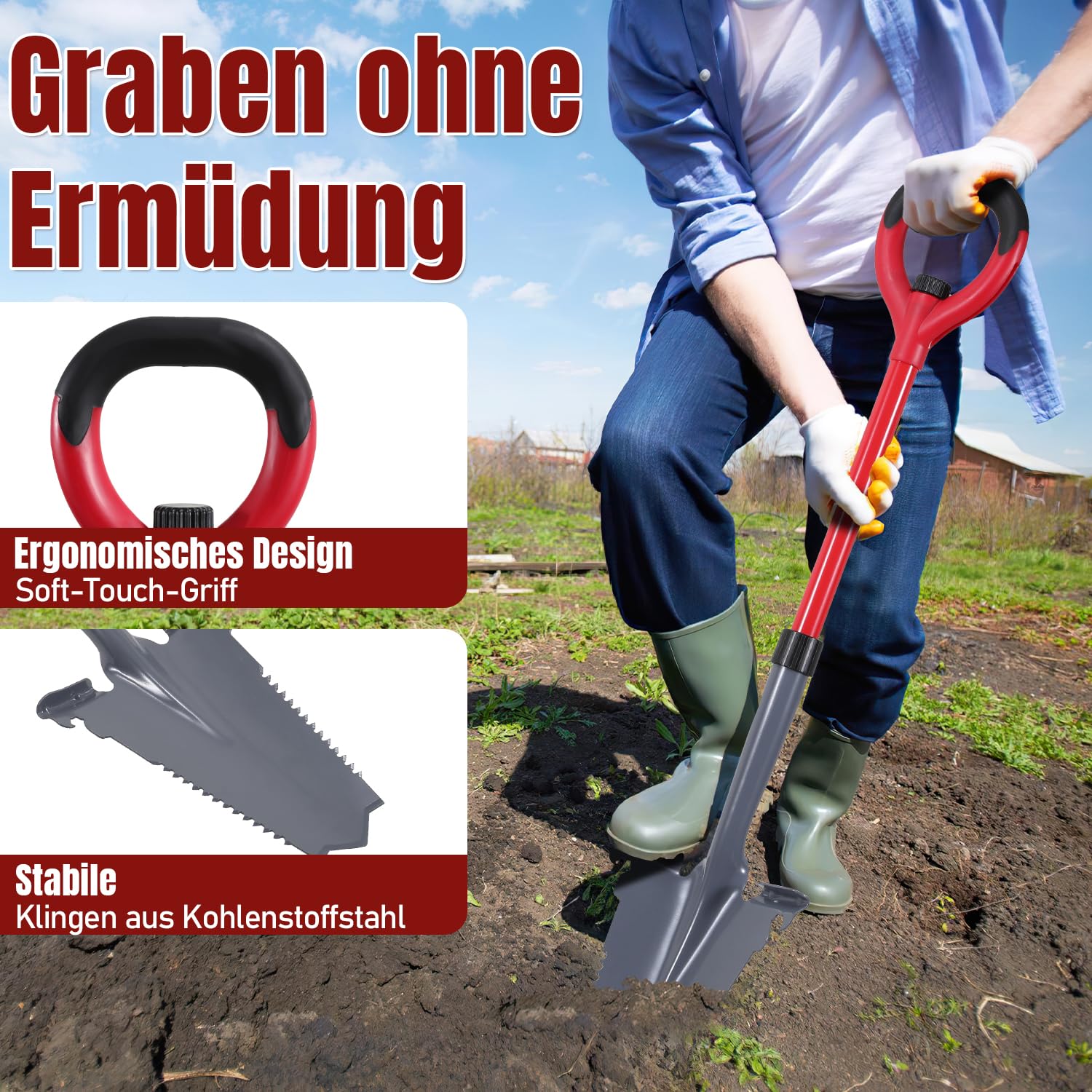 Spaten mit Wurzelsäge, Wurzelspaten mit Breite Trittkante und ergonomischem Griff, 114cm Wurzelspaten schneidet Wurzeln effektiv, V-förmiger Wurzelspaten für effektives Bodeneinbringen
