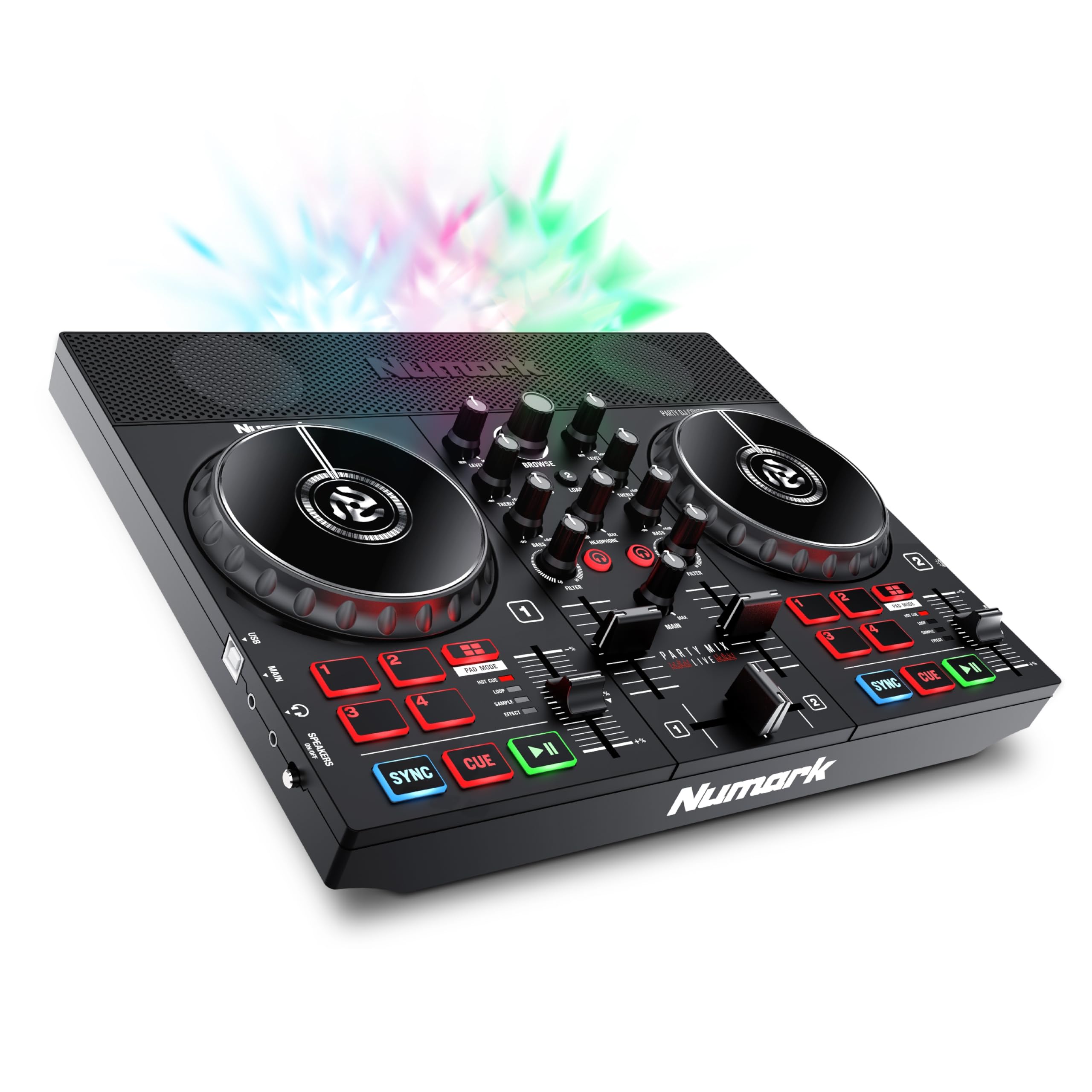 Party Mix Live DJ Controller with Speakers, Lights, 2 Decks, Mixer, Audio Interface and Serato Lite