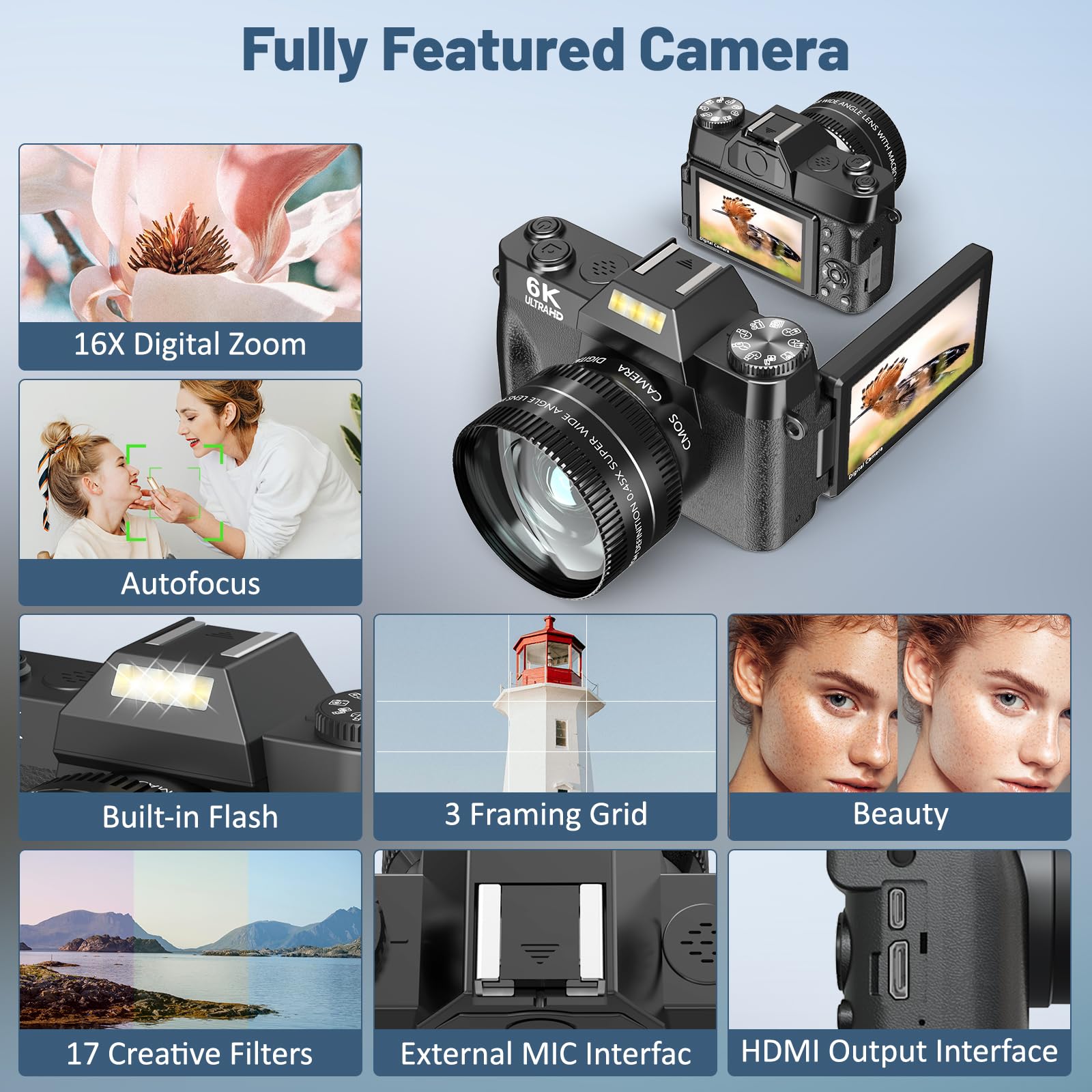 Cámara digital 6K para fotografía, cámaras de vlogging WiFi de 64 MP para YouTube con pantalla abatible de 3 pulgadas y 180°, zoom digital de 16X, enfoque automático, cámara de viaje con tarjeta SD de