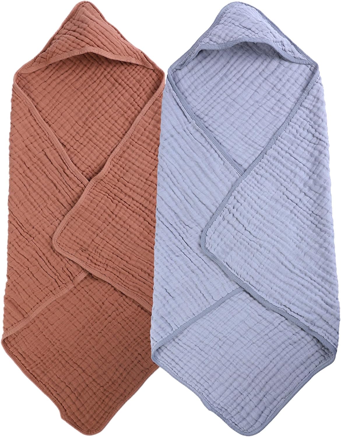 2 Pack 6-Layer Plain Muslin Baby Hooded Towels, 100% Pure Cotton, Zero Shrink, Ultra Soft Newborn Towels, 32x32 Inch Minimalist Neutral, Terracotta & Milan