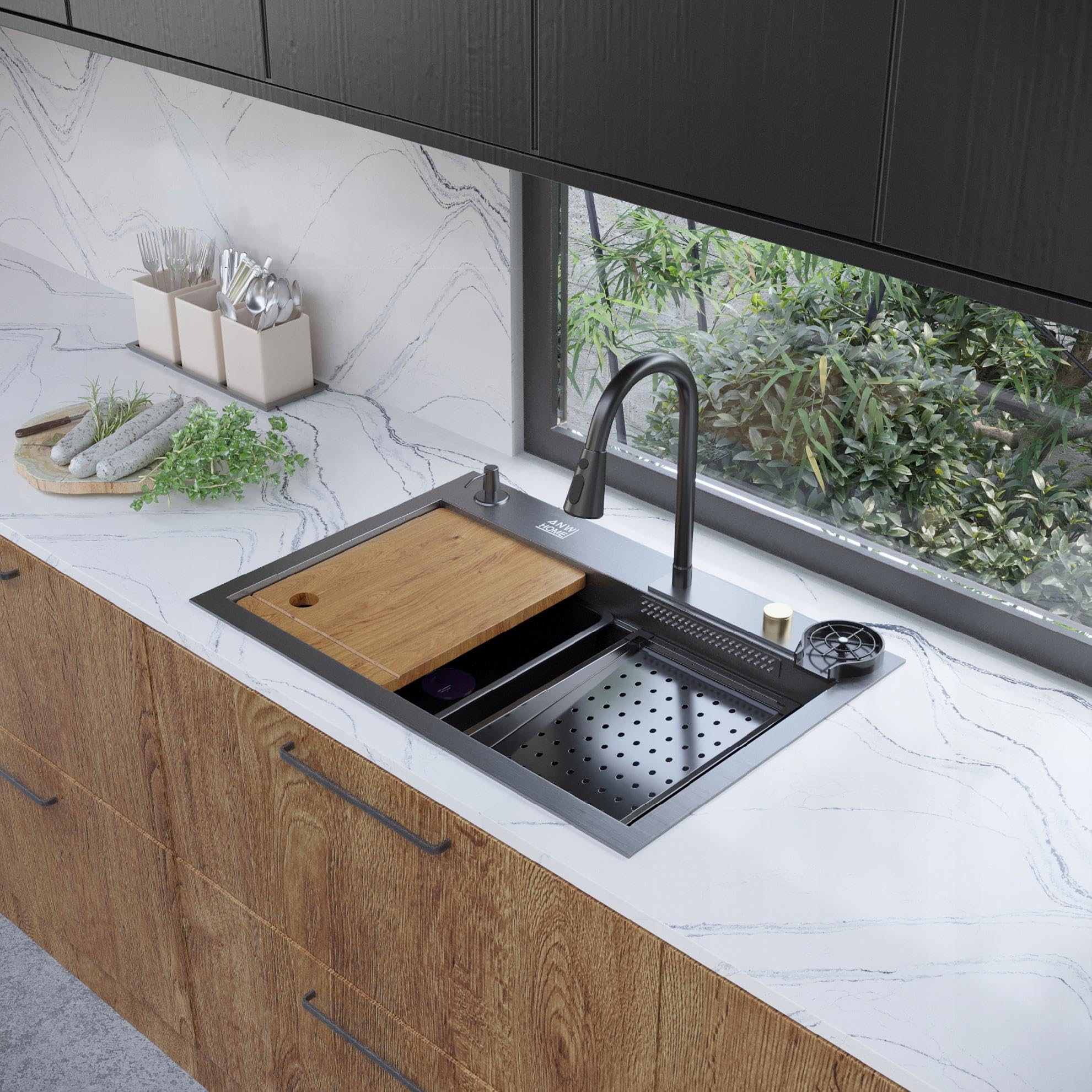 Zlewozmywak kuchenny ANW HOME LS-7545B, 75x46 cm, Stal nierdzewna 304, Grafit, Bateria wodospadowa, Syfon, Zestaw Akcesoriów, Wielofunkcyjny | Wpuszczany, Grubość 3/1 mm, Głębokość 23 cm, Z Syfon