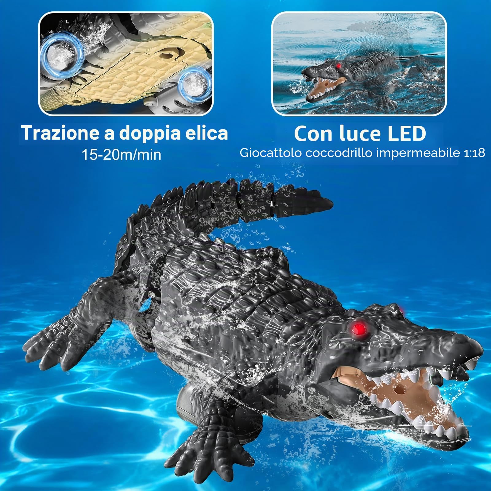 Barca Telecomandata RC Coccodrillo, Giocattolo Acquatico Telecomandato con luce LED e Doppio Eliche, 700mAh Doppia batteria, RC Giocattoli da piscina per 3+ Ragazzi e ragazze