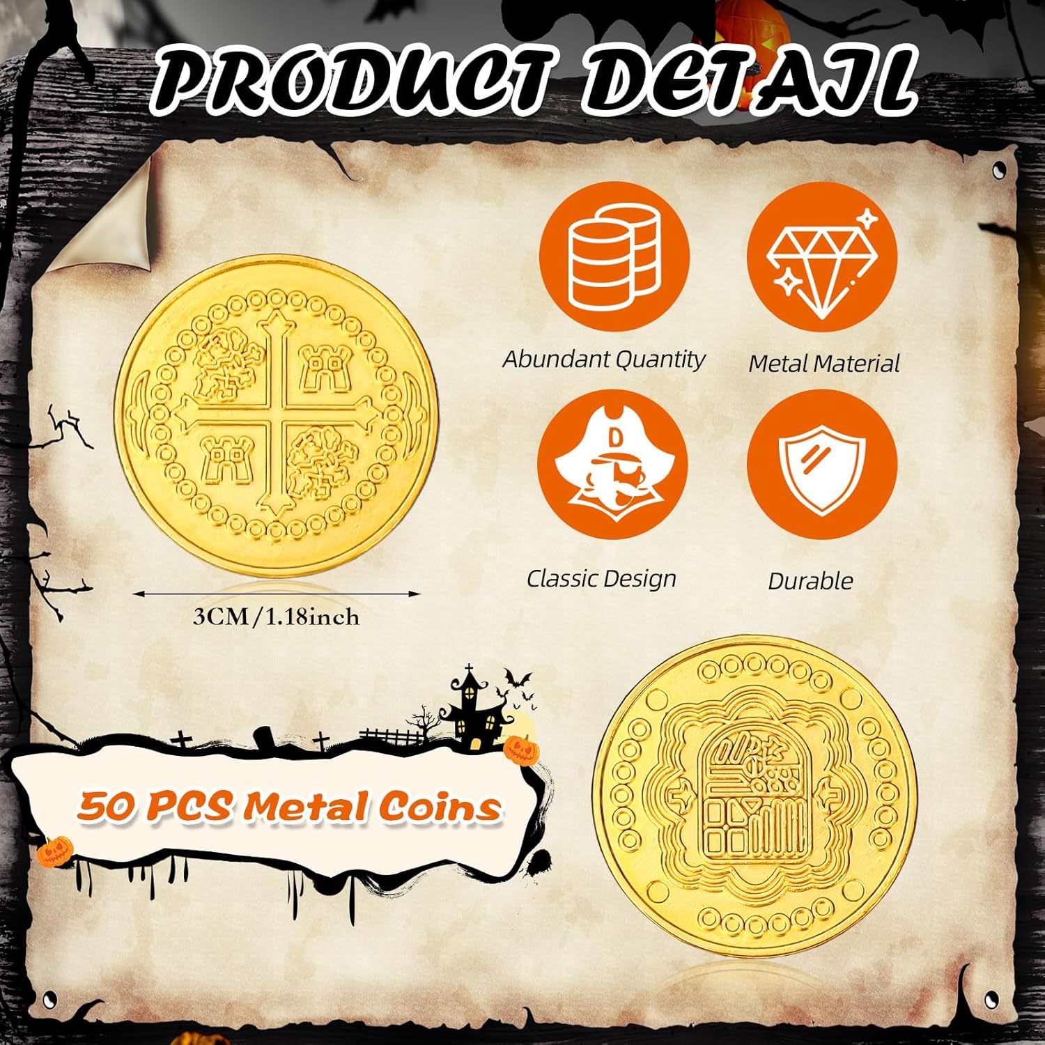Hanaive 50 Pcs Metal Treasure Coins Metal Pirate Coins Fake Gold Coin Game Tokens Spanish Doubloon Ancient Treasure Tokens Replicas Play for Kids Board Games Pirate Party Favors(Gold)