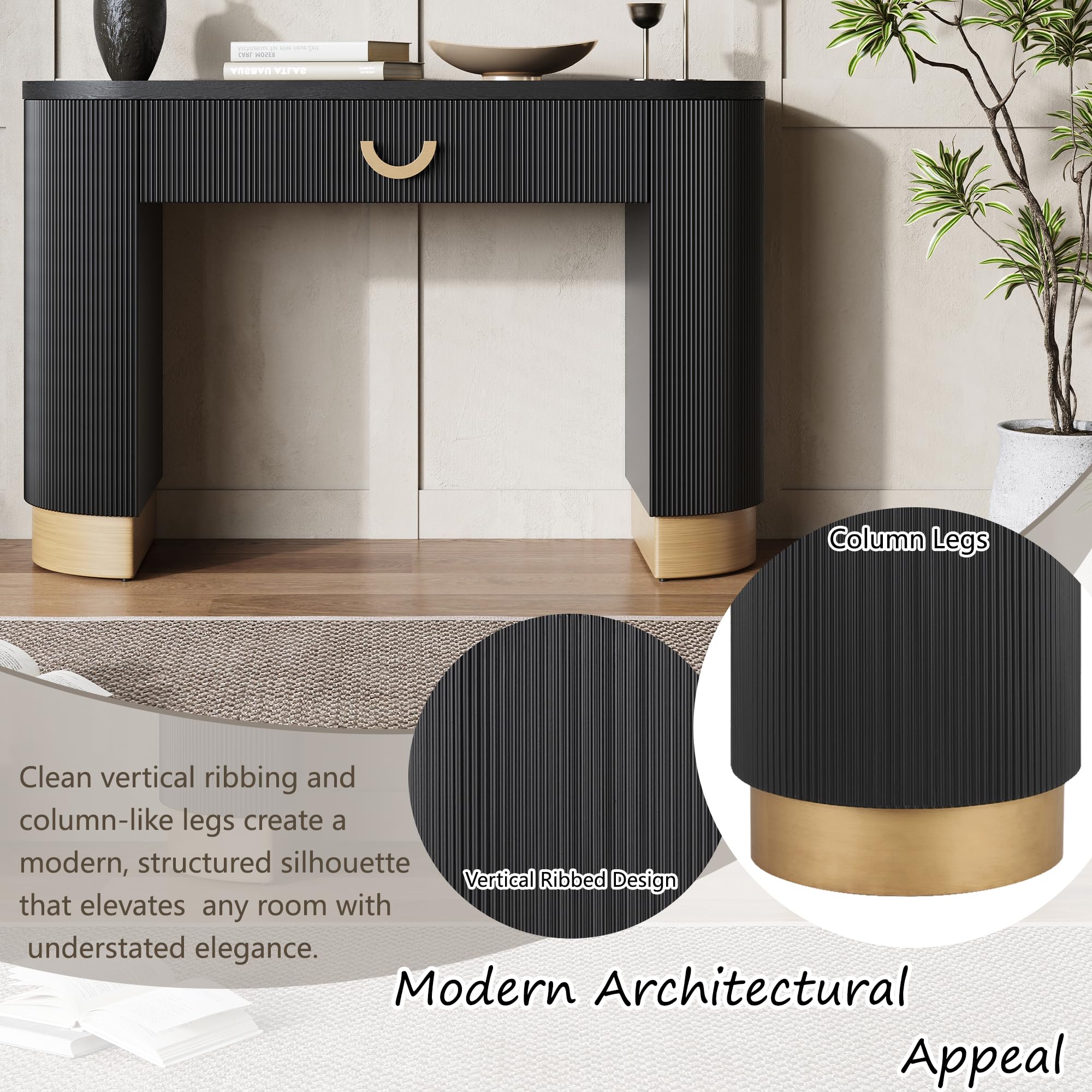 Tavolo consolle moderno con cassetto funzionale e gambe a colonna curve, design verticale a coste, tavolo d'accento per ingresso, per corridoio, soggiorno o dietro il divano
