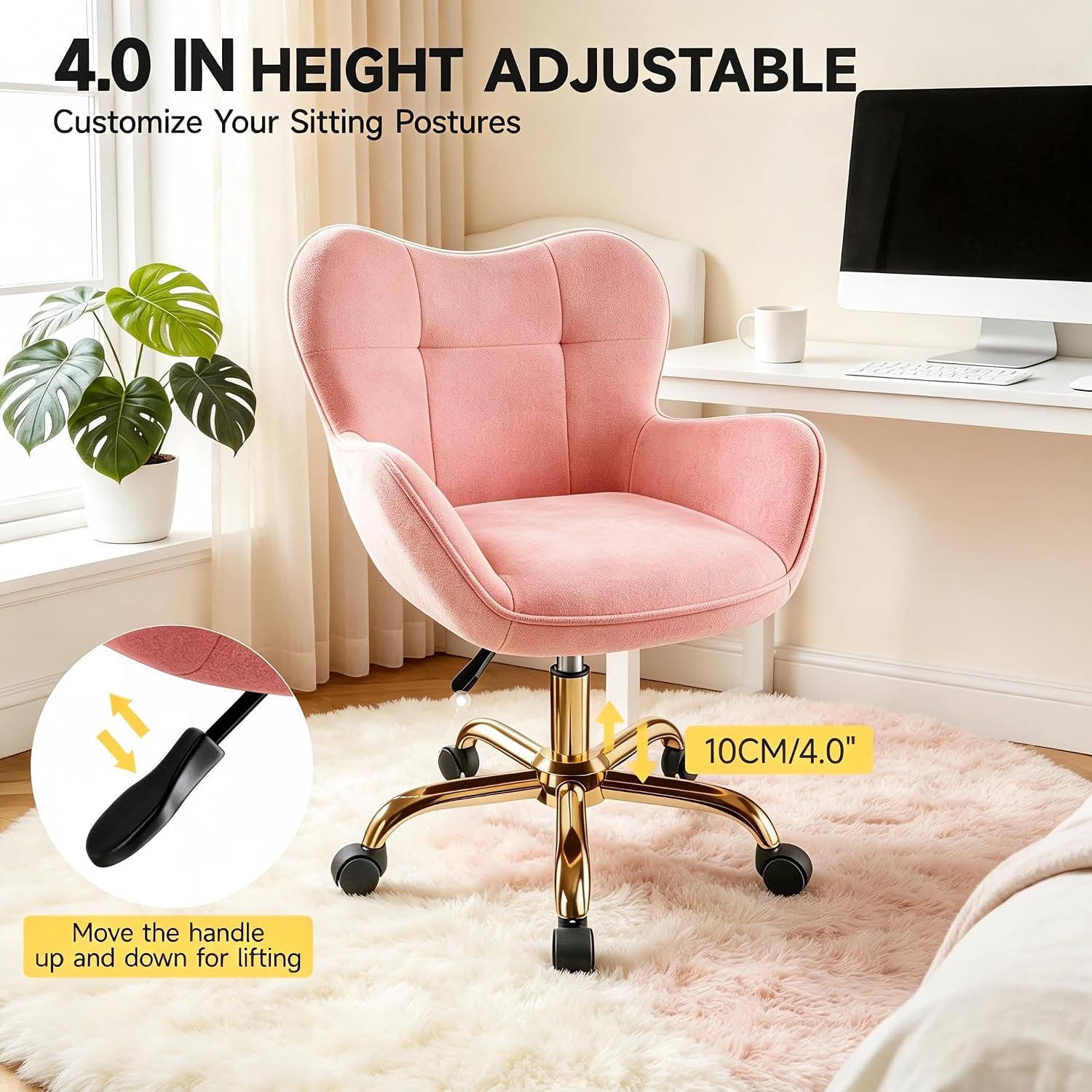 Vanity Chair with Wheels, Adjustable Velvet Makeup Chair, Pink | Soft fluffy velvet, smooth-rolling wheels, supportive backrest and compact design for bedrooms and vanities.