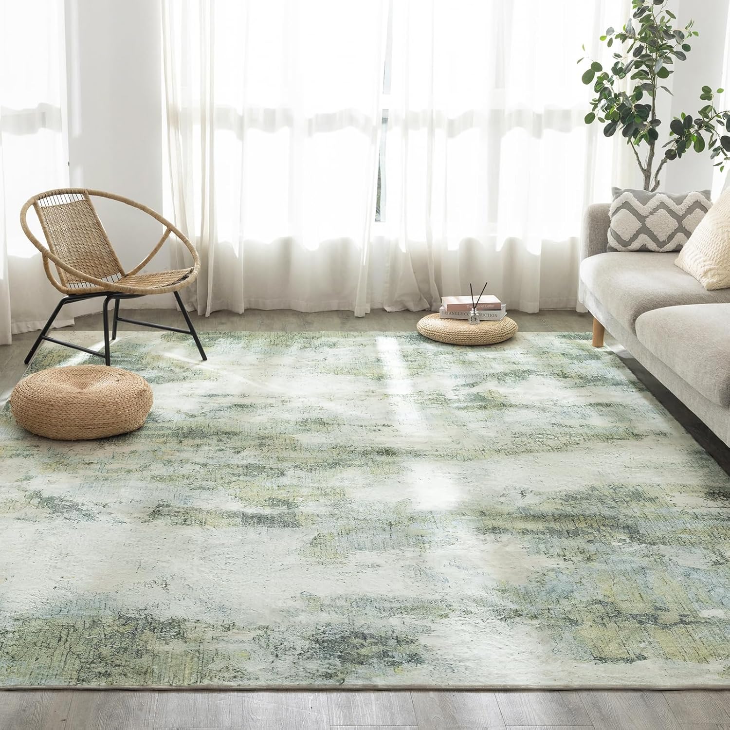 UMINEUX Living Room Rug 6'x9' Large Washable Area Rug with Anti-Slip Rubber Backing, Modern Abstract Low Pile Rugs, Ultra Soft & Thin, Non-Slip, Stain Resistant for Dining Room Bedroom Home Decor 6' x 9' Swamp Green