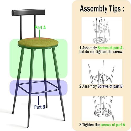Miniatura 7 de Taburetes de bar, juego de 2 taburetes de cocina altos, sillas de bar con respaldo y reposapiés, taburetes industriales con asiento suave de