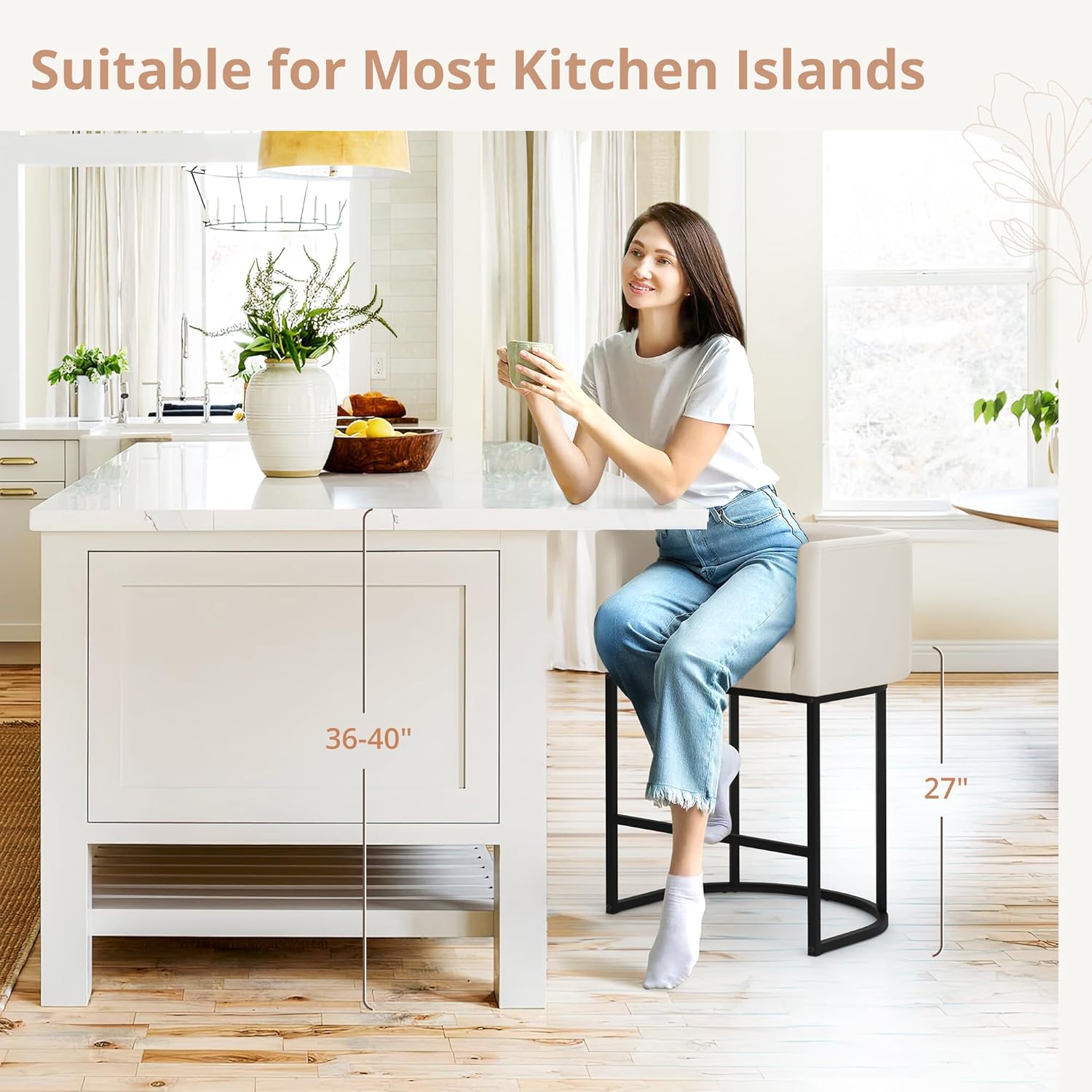 LUE BONA 27" H Counter Height Bar Stools, Modern Barrel Counter Stools with Backrest and Arms, Black Metal Frames, Faux Leather Upholstered Accent Barstools for Kitchen Island, Antique White