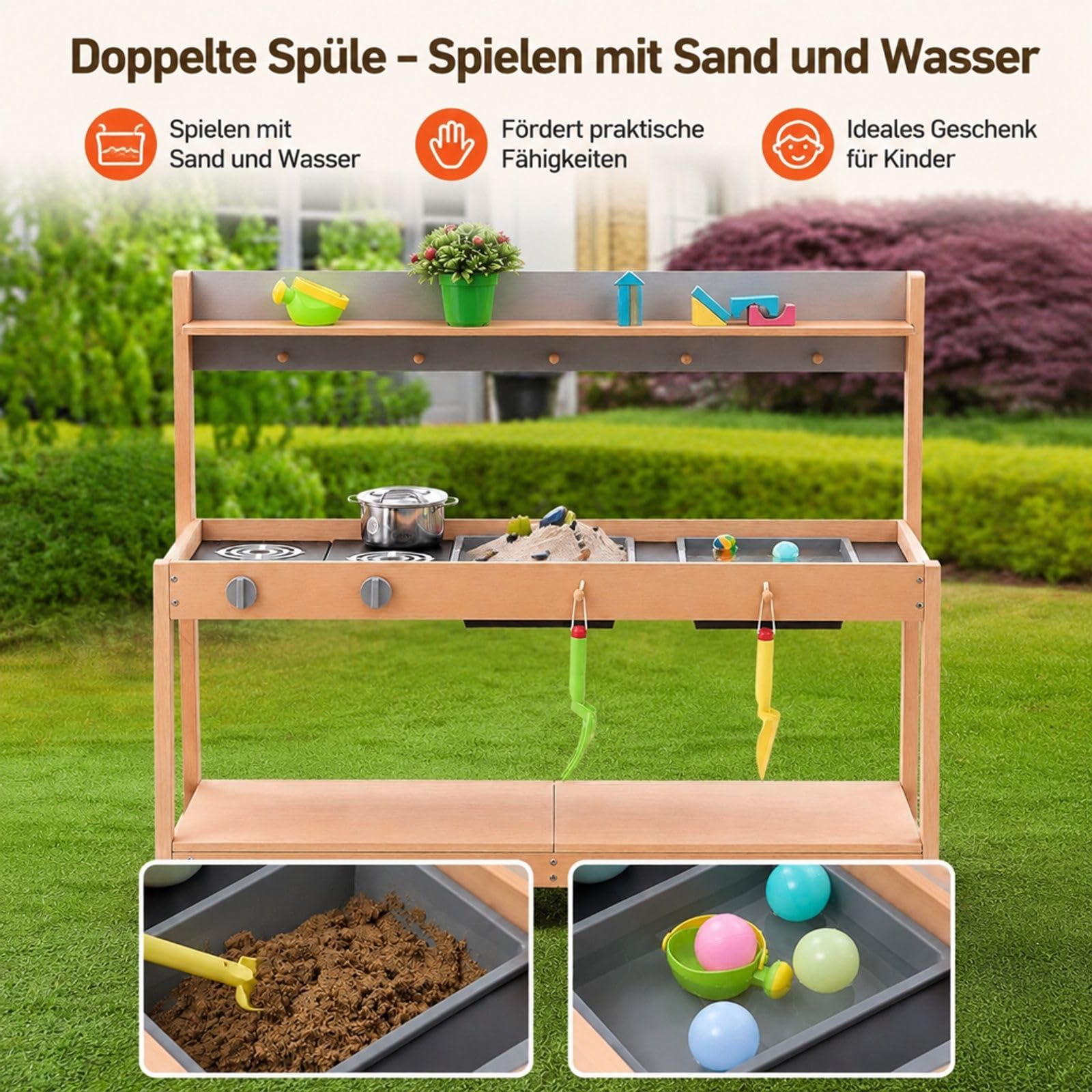 Matschküche aus Holz mit Spüle, Outdoor-Spielküche