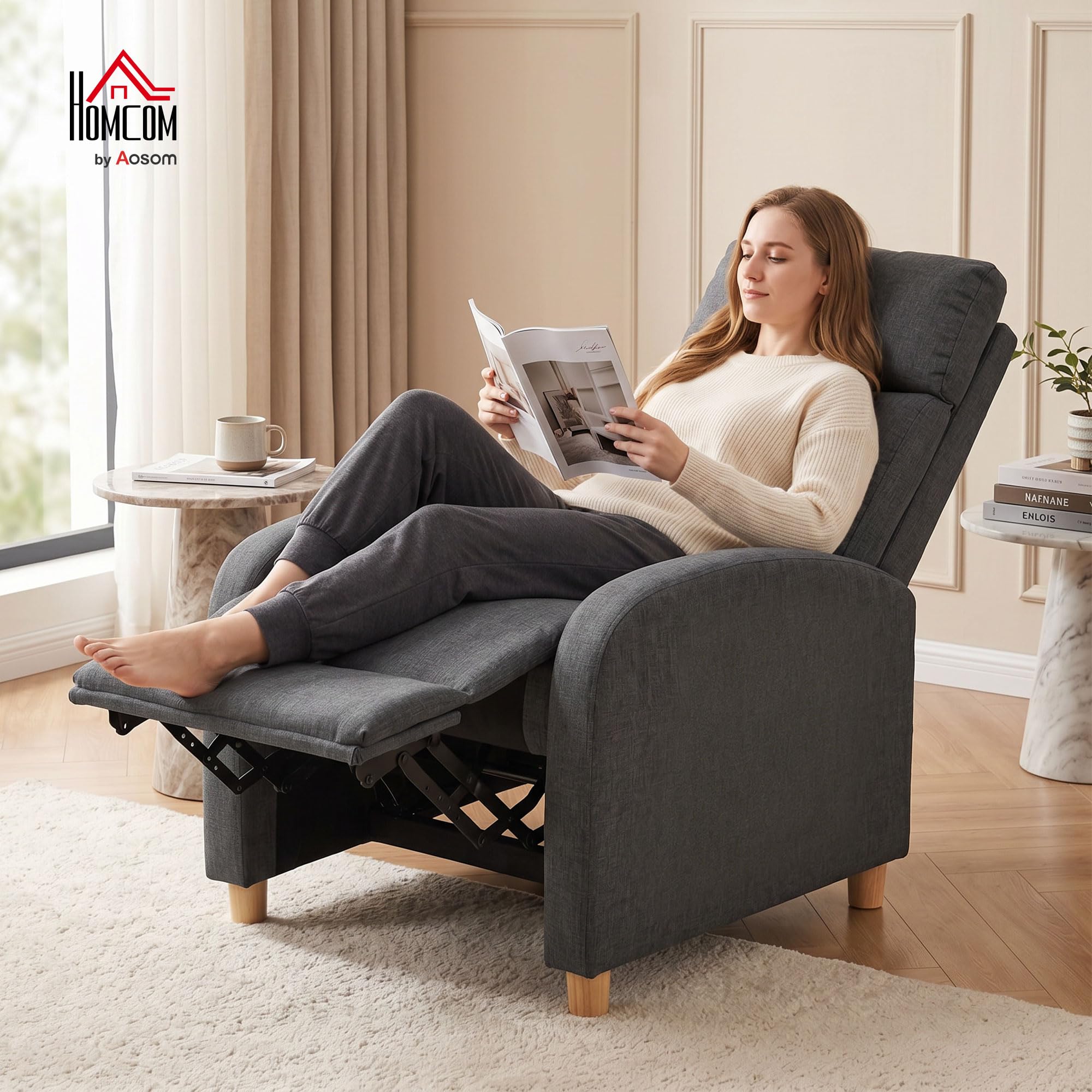 HOMCOM Poltrona Relax Reclinabile Manuale 135° con Poggiapiedi Grigio Scuro | Poltrona Reclinabile Ergonomica, Imbottita in Tessuto Effetto Lino, Gambe in Legno, per Soggiorno e Camera, 67x87x102cm