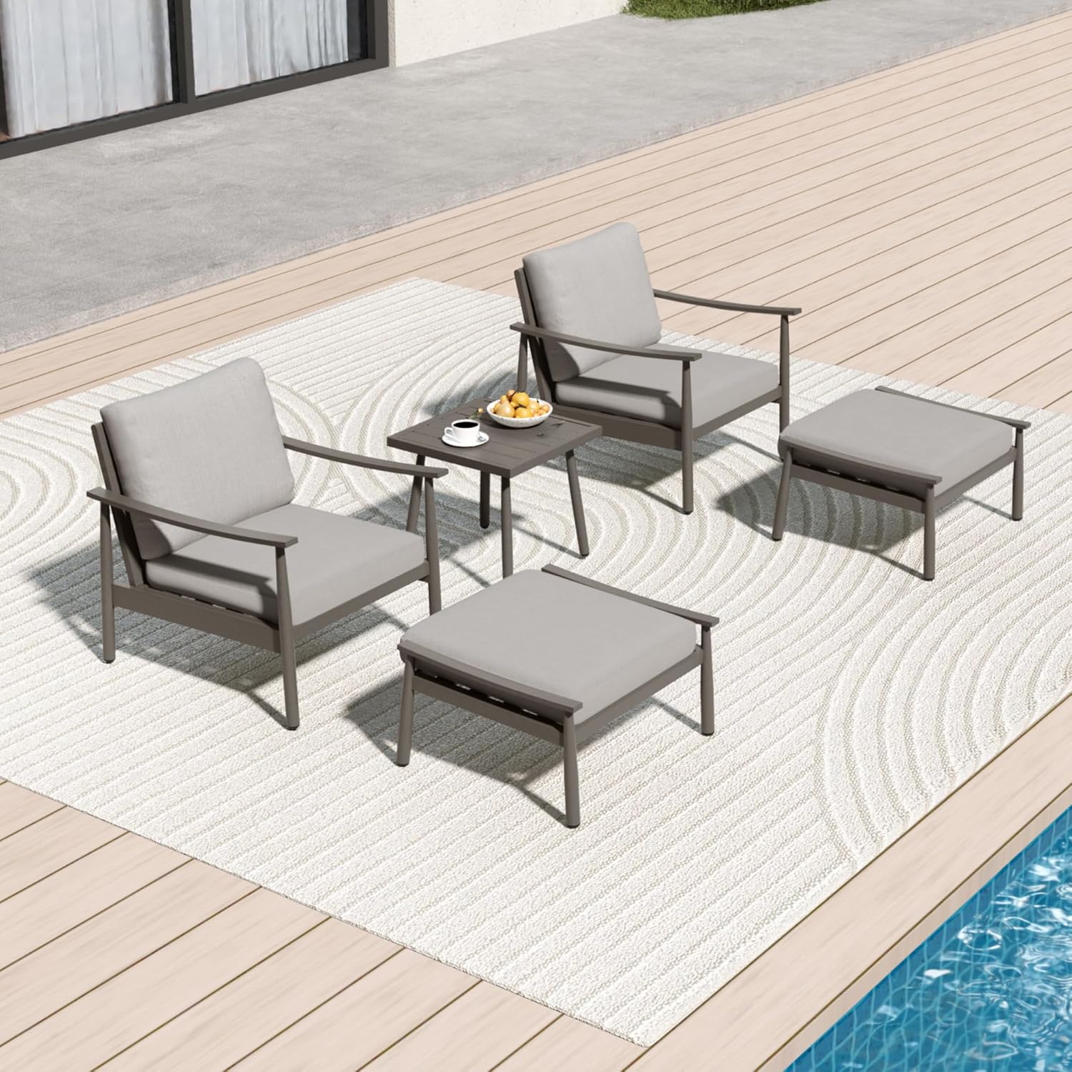 5 Pieces Aluminum Patio Furniture Set with Side Table, 2 Armchairs and Ottoman with Thick Cushion, Patio Conversation Set for Backyard Deck Poolside, Grey