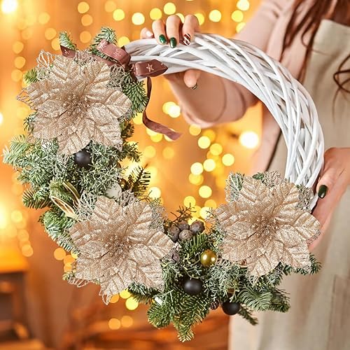 Miniatura 4 de 12 flores de Pascua artificiales de Navidad de 5.9 pulgadas, decoraciones de Navidad de champán para árbol de Navidad, adornos con purpurina para