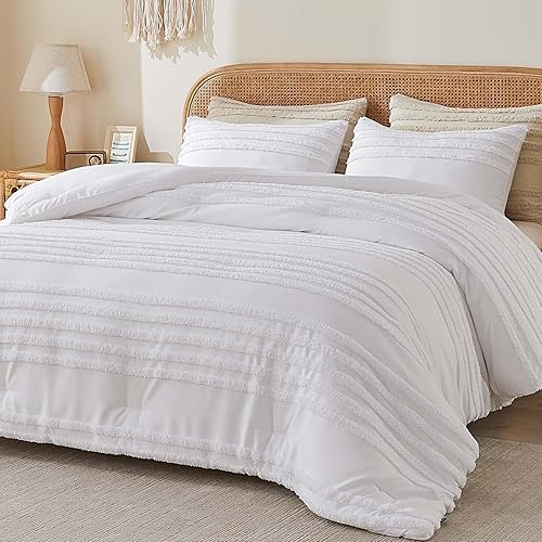Miniatura 16 de BEDELITE Juego de edredón bohemio tamaño Queen, juego de cama de 3 piezas a rayas beige copetudo, edredón vintage de granja suave y crema para todas