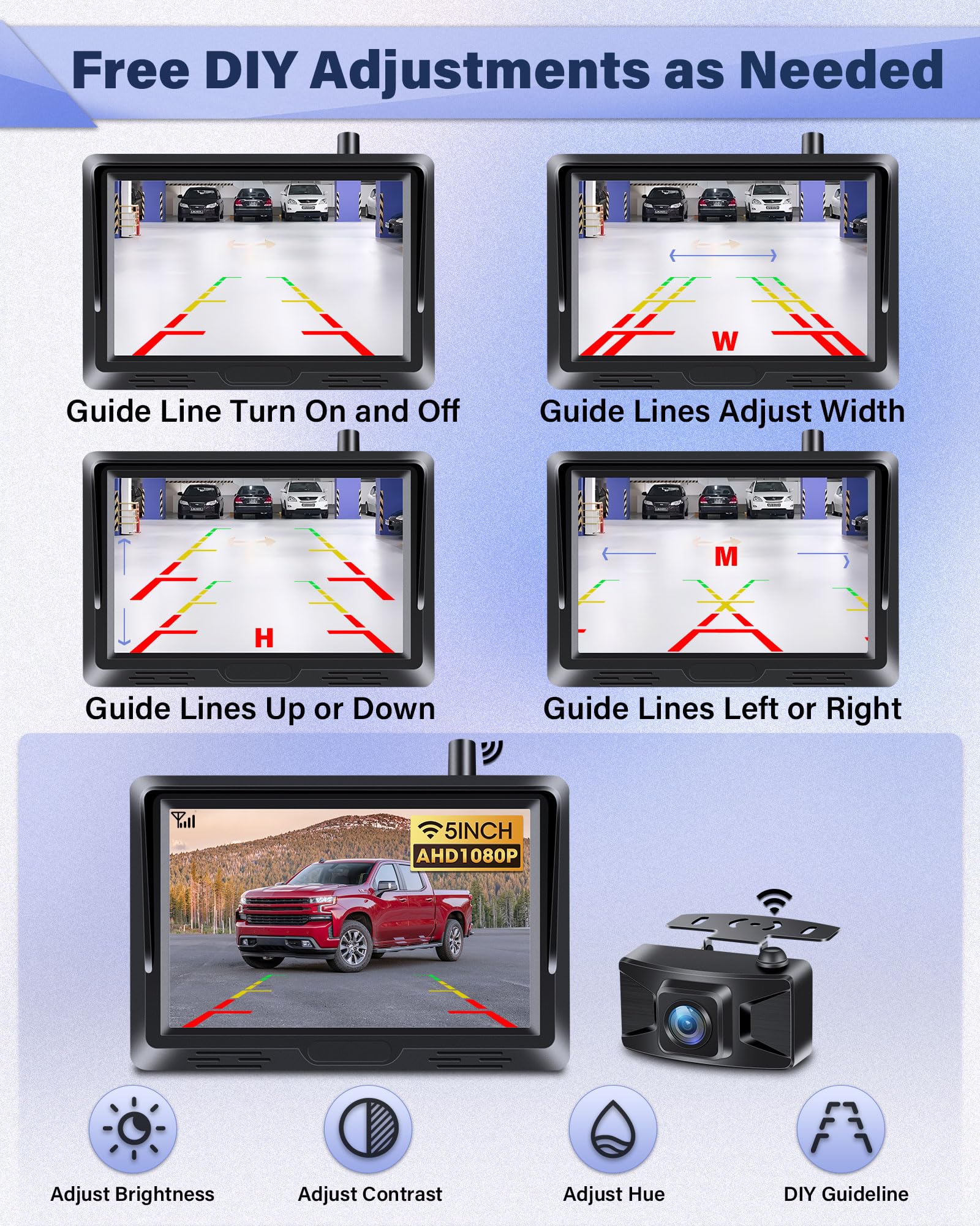 Segnale Stabile Retrocamera Auto Wireless AHD 1080P Telecamera Posteriore Senza Fili con 5'' Monitor con Telecamera Retromarcia Wireless Nessuna Foratura DIY Linea Guida per DC 12V Auto SUV Camion