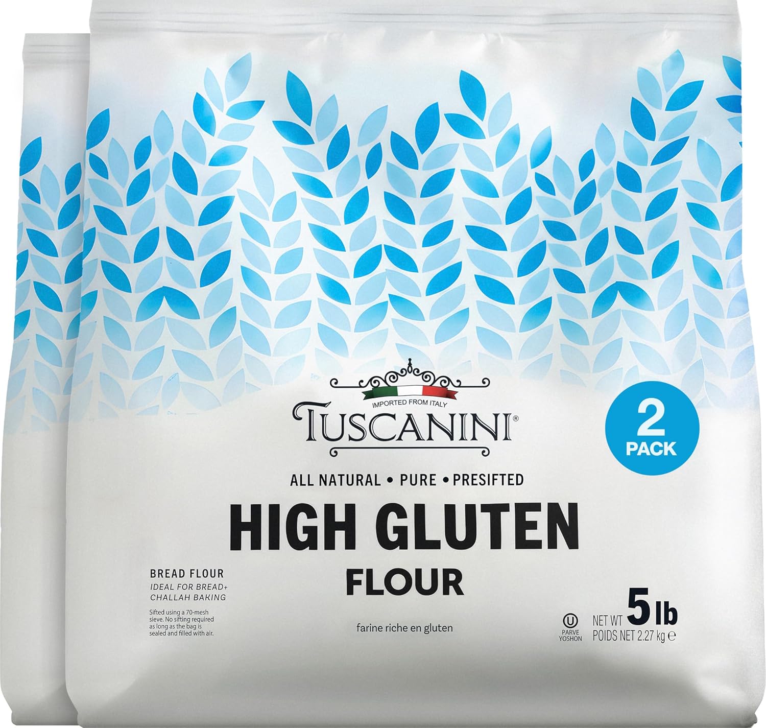 Tuscanini Italian High Gluten Flour, Premium Bread Flour, 5 lb (2 Pack) | Ideal for Bread, Challah & Pizza Dough | Insect Free | All Natural, Pure, Presifted | Kosher