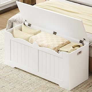 Hzuaneri SB25503X 43.3" Extra Large White Storage Chest Bench with Safety Hinges - Lift-Top Shoe Organizer for Entryway Bedroom