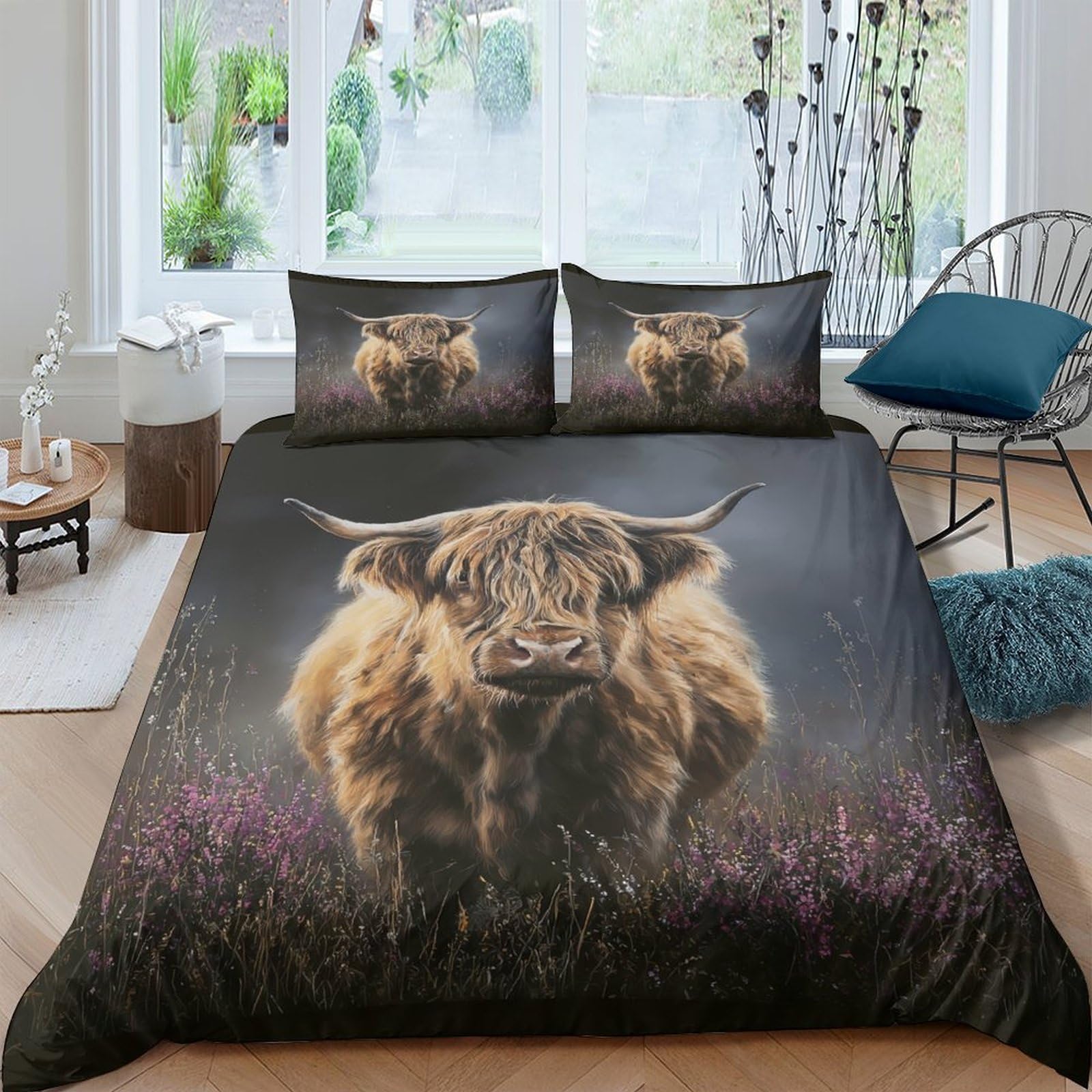 Unrxjzlvm Style-7 Highland Cow Print Microfiber Duvet Set Students Teens