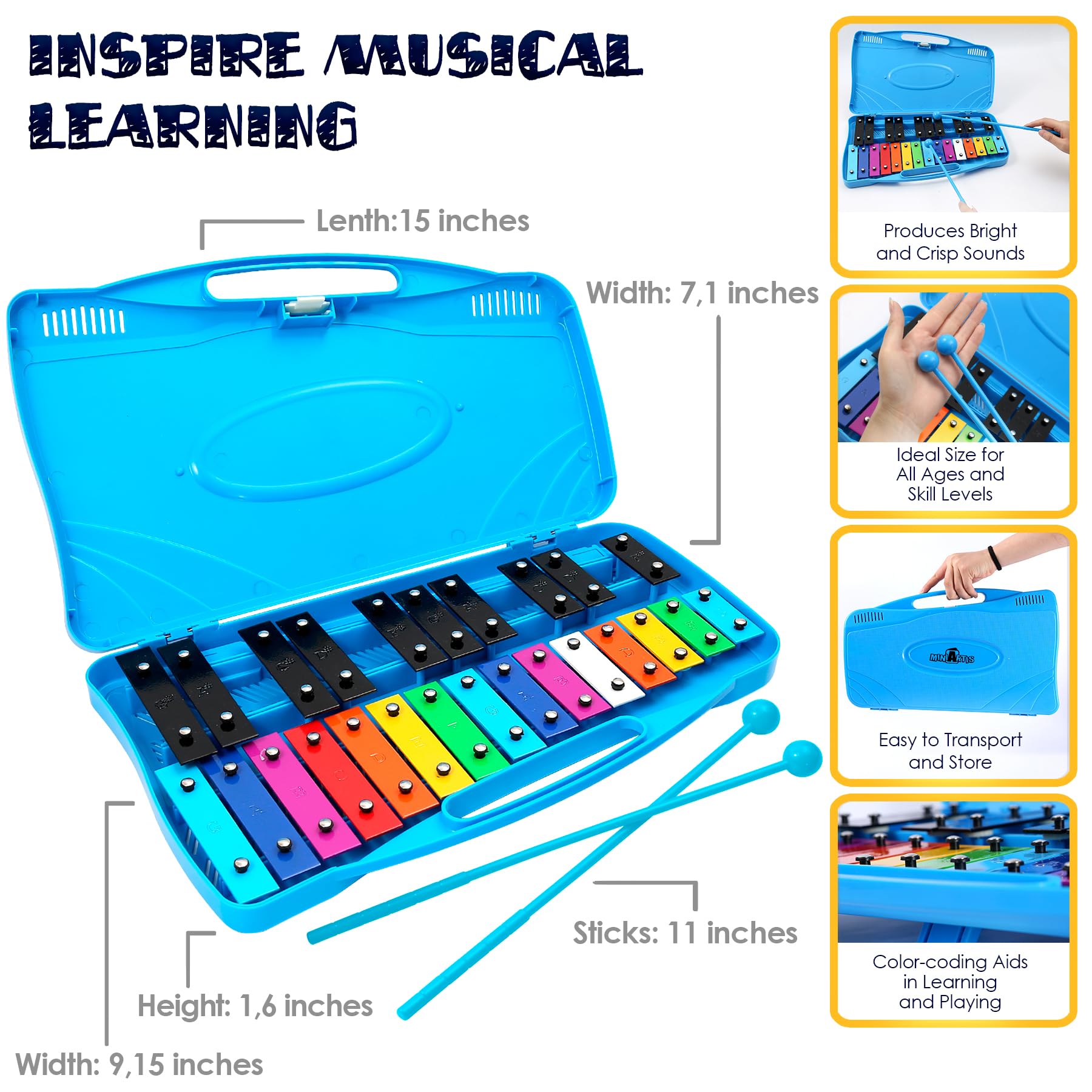 MINIARTIS Glockenspiel Xylophone | 25 Note Colorful Metal Keys Xylophone for Kids | Percussion Musical Instrument | Educational Music Toy Includes Music Songbook, Mallets and Blue Carry Case
