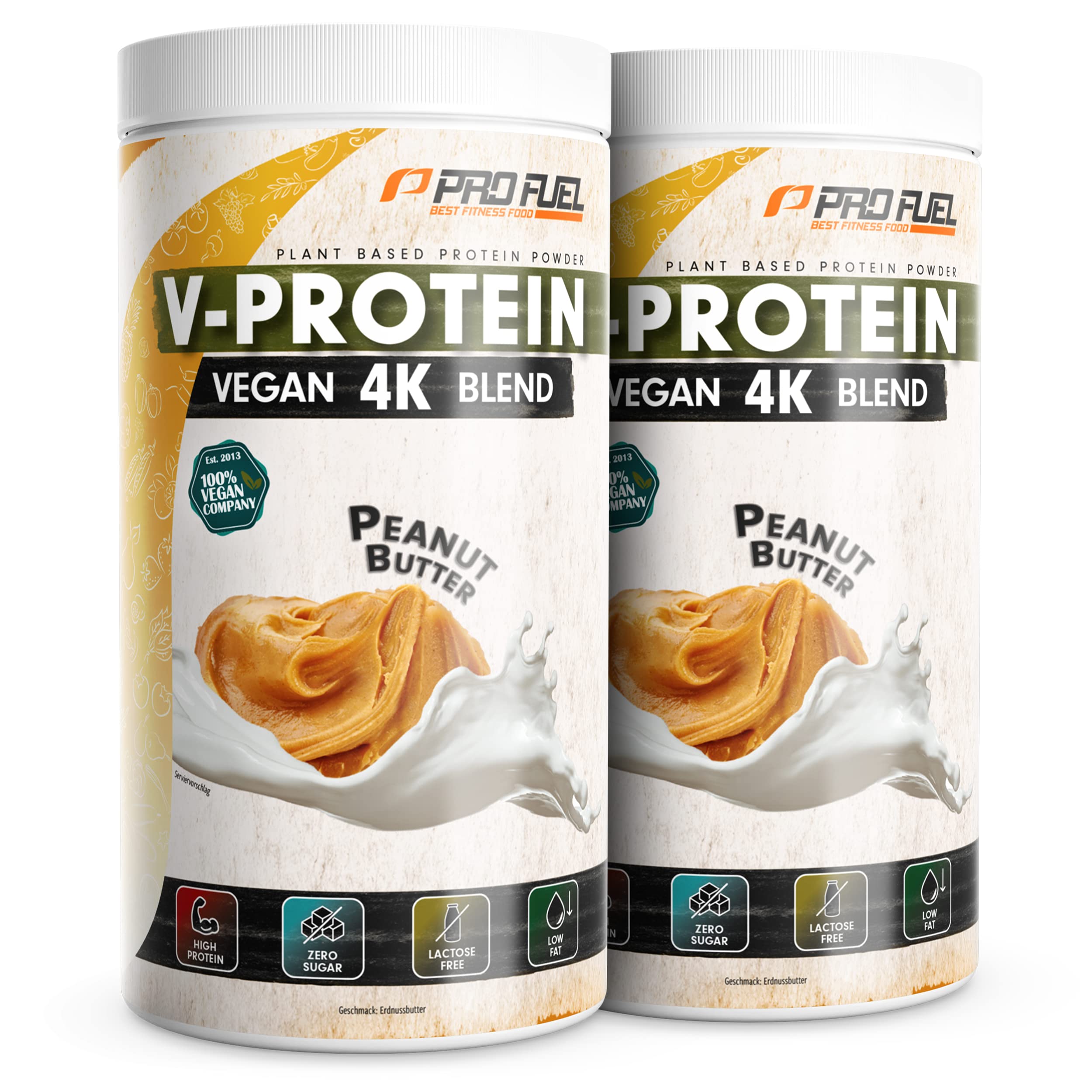Vegan Protein Pulver ERDNUSSBUTTER 2x750g – V-PROTEIN 4K Blend - Unglaublich lecker & cremig - Aus Sonnenblumen, Soja, Hanfsamen & Kürbiskernen | Pflanzliches Eiweißpulver mit 78% Eiweiß