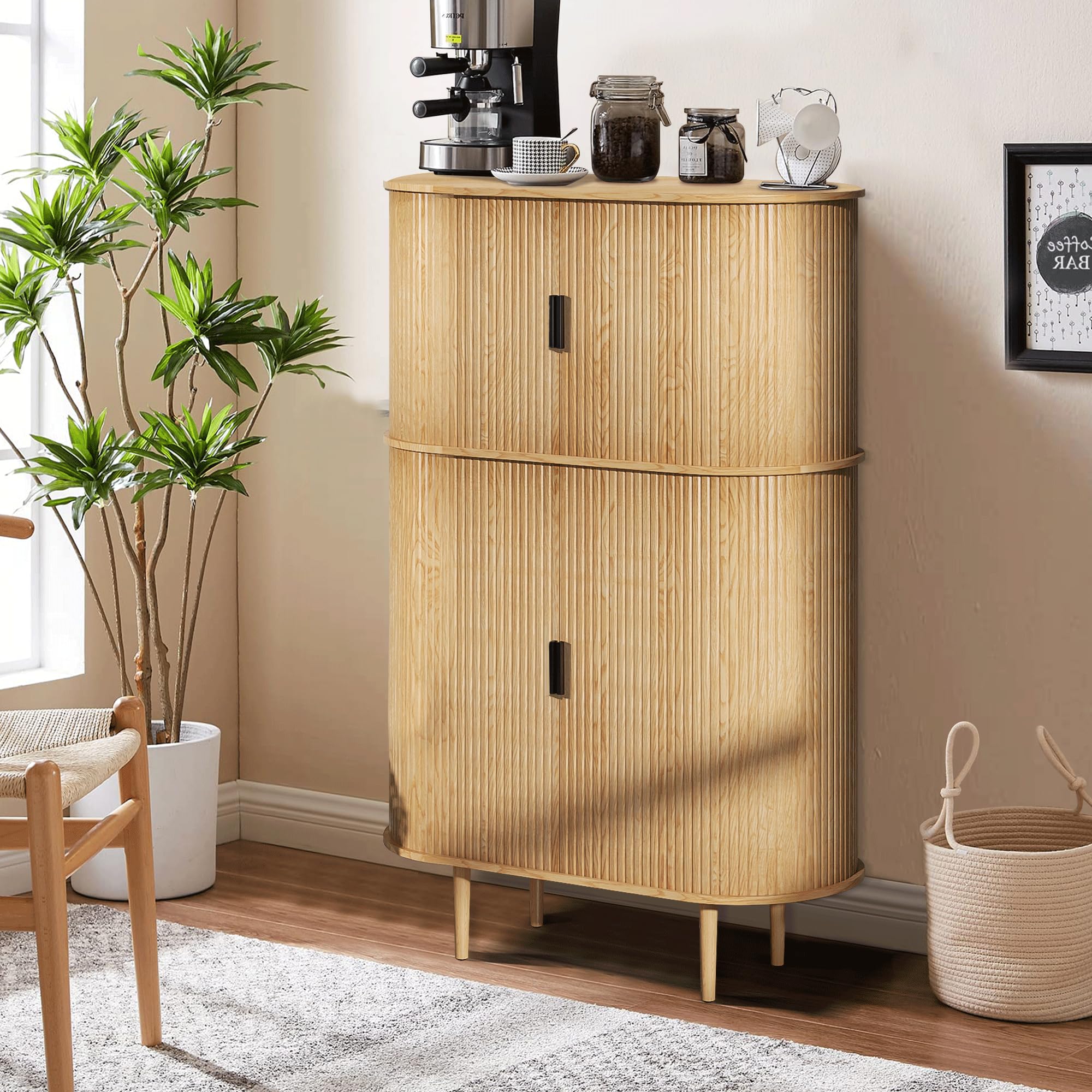 Sideboard Cabinet with Storage,Fluted Storage Buffet Cabinet with Curvy Edge & Sliding Door,Modern Accent Coffee Bar Cabinets, Freestanding Console Table for Kitchen,Living Room Entryway (Wood)