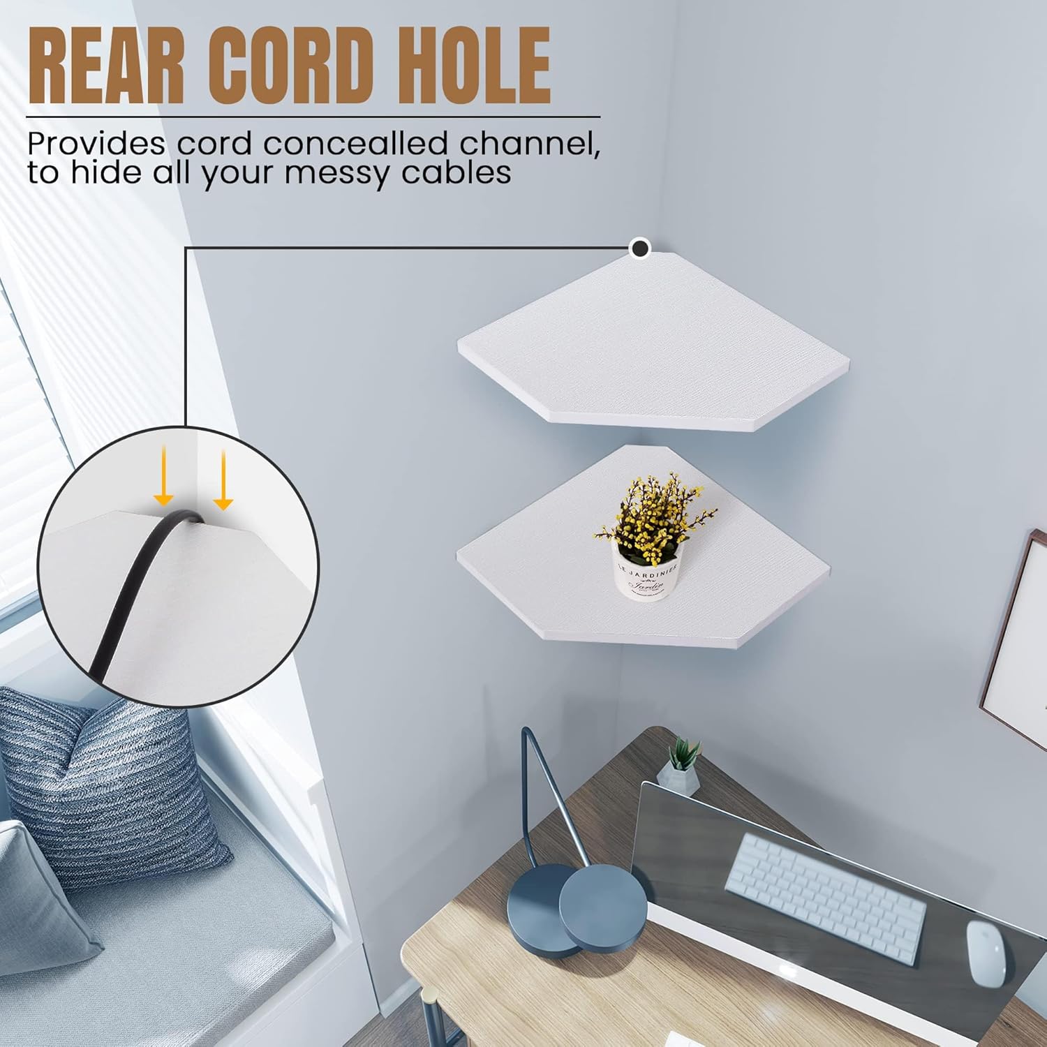 Fun Memories Corner Shelf Wall Mount, Floating Corner Shelves, Set of 2 Corner Wall Shelf Organizer, Rustic Wood Wall Storage Display Shelves for Living Room Bedroom Bathroom Kitchen, Rustic White