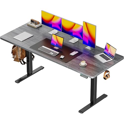 Huuger 63 x 28 Large Electric Standing Desk, Height Adjustable Computer Desk, 27.6" Deep Desktop, Stand up Gaming Office Table with 2 Hooks, 3 Preset Heights, for Home Office, Grey