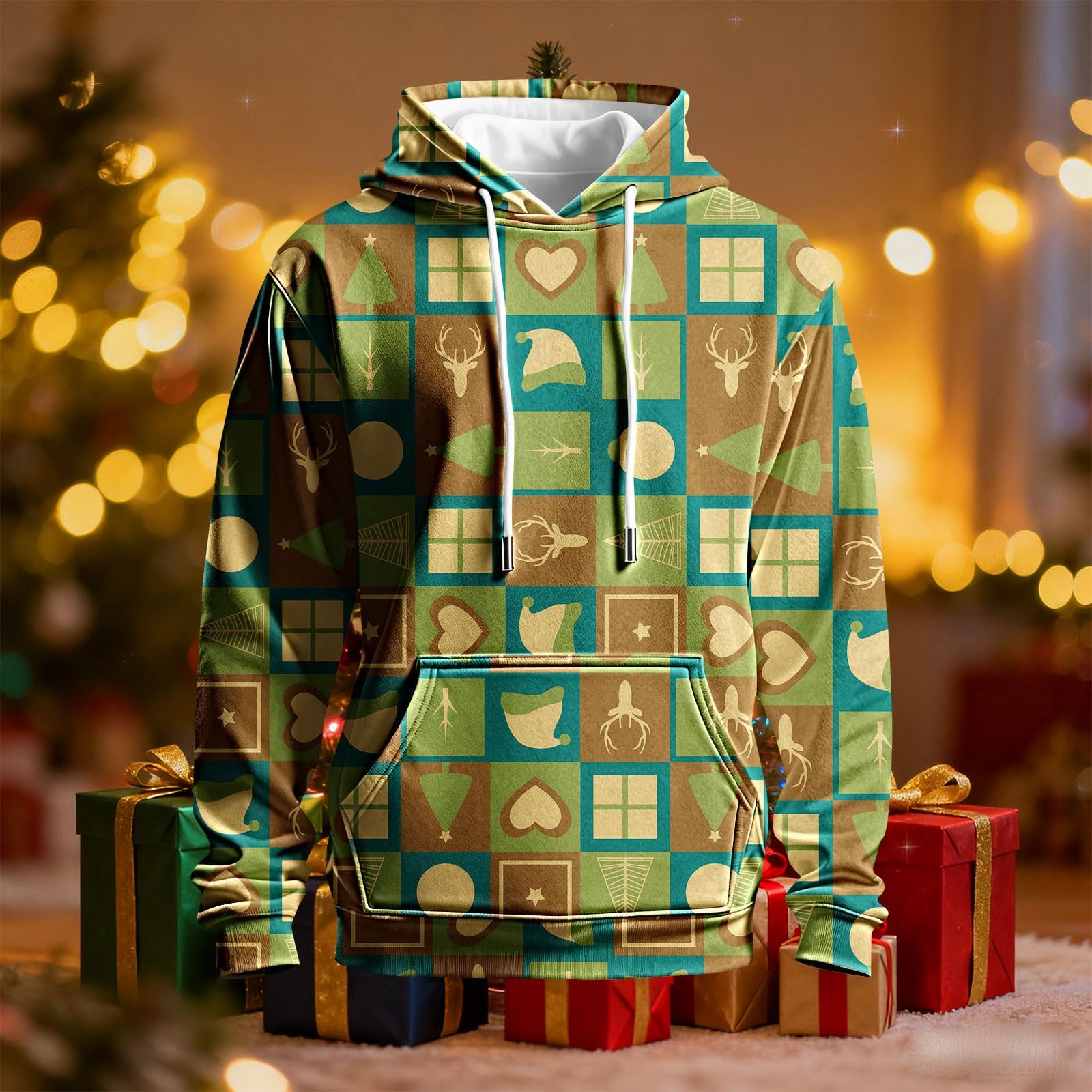 Top Interior Hombre Sudadera Navideña para Hombre, Novedosa con Capucha Y Gráfico 3D Bolsillo Estampado Chaqueta Verano (Green, XXXL) Chaquetas Entrenamiento Boxeo Camiseta Sin Mangas