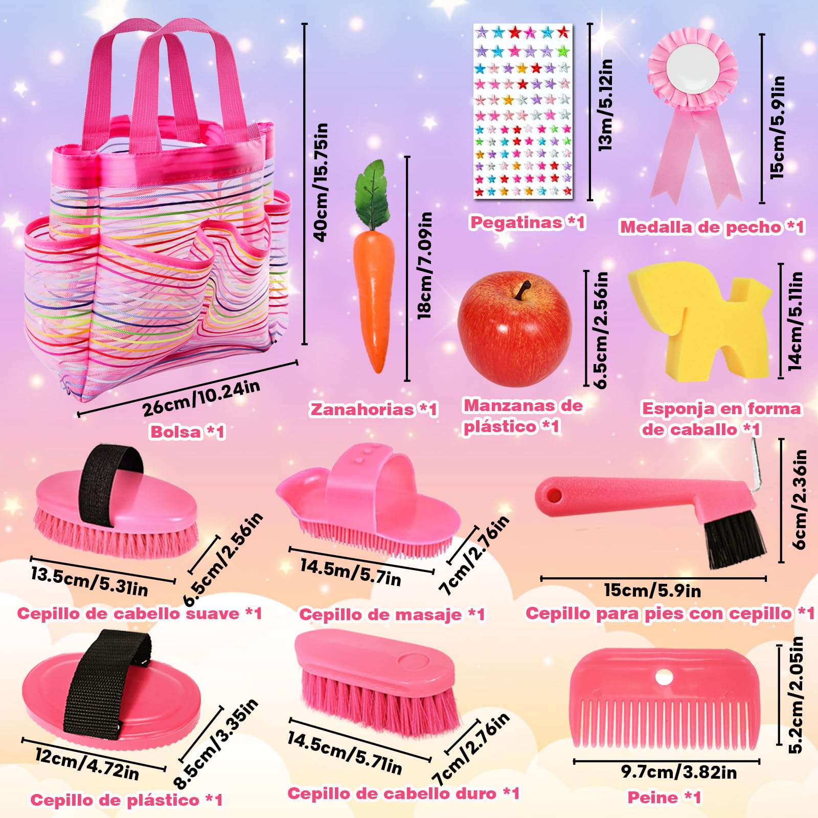 Hobby Horse Zubehör Kinder, Pferde Putzbox Spielzeug Rosa mit Tasche mit Bürsten, Kamm, Hufkratzer und Pferdeputzzeug für Mädchen, Magic Brush Horse Geschenk, Vorgetäuschtes Spielmaterial