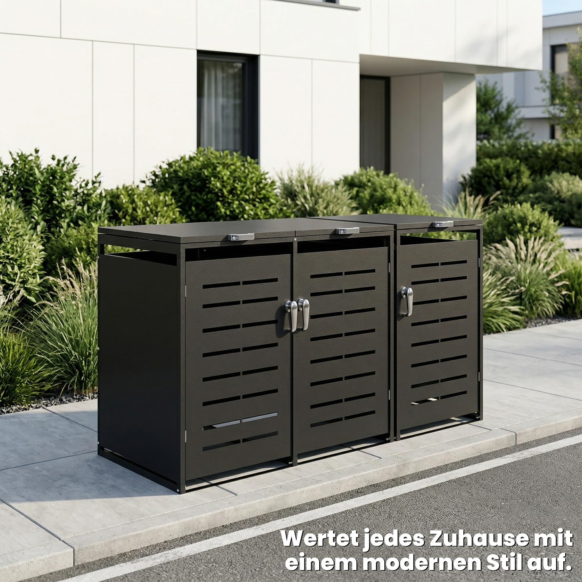 Mülltonnenbox 3er 240L, für 3 Tonnen, Outdoor Anthrazit | Verzinkter Stahl, Outdoor Mülltonnenverkleidung für 3 x 240L Tonnen, Gasdruckfedern, aufgeräumter Gartenbereich