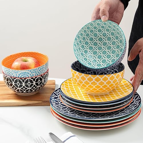 Miniatura 5 de LEHAHA Juego de vajilla de cerámica de 12 piezas, juego de vajilla redonda de porcelana para 4, apto para microondas y lavavajillas, juego de platos