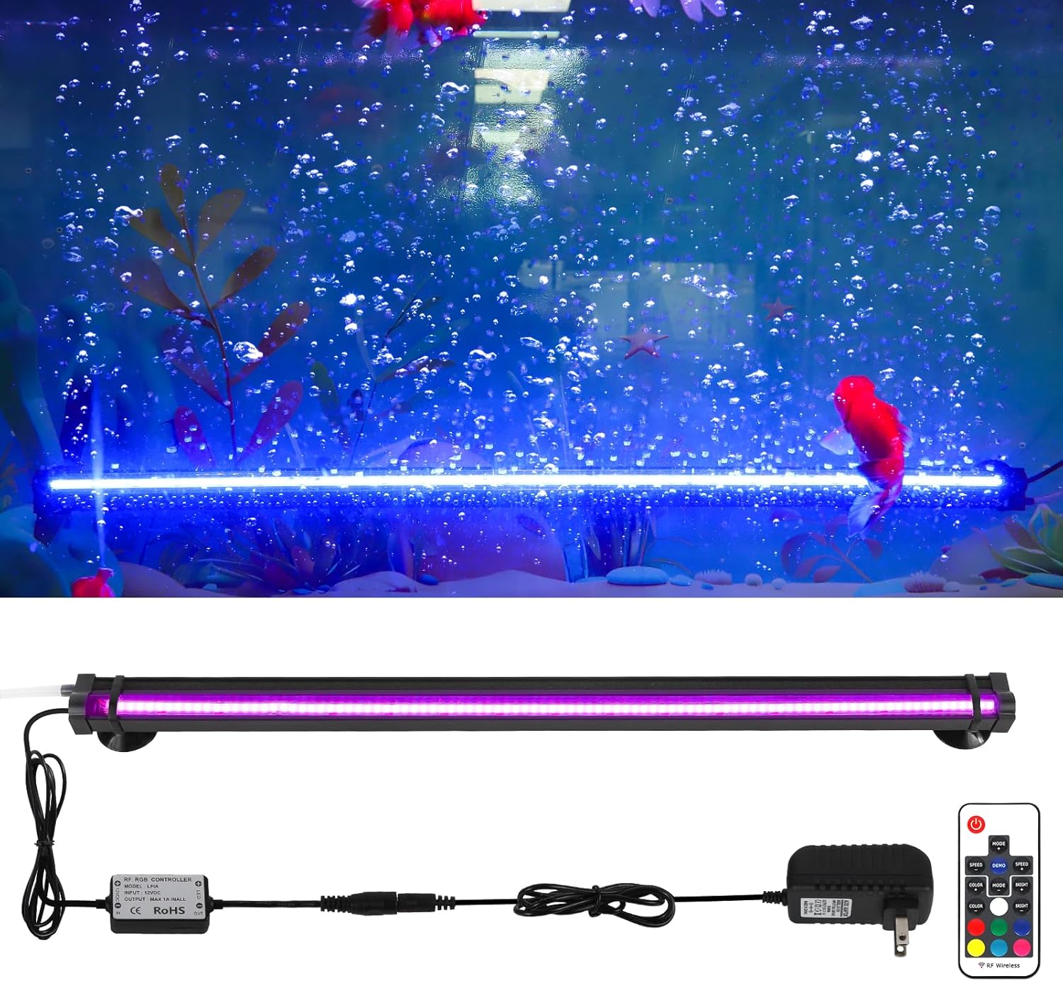 Submersible Fish Tank Aquarium Light: Aquarium Bubbler Lighting Full Spectrum - Adjustable Brightness Colors Change Underwater Led Strips with Remote and Suction Cups for Aquarium Fish Tank