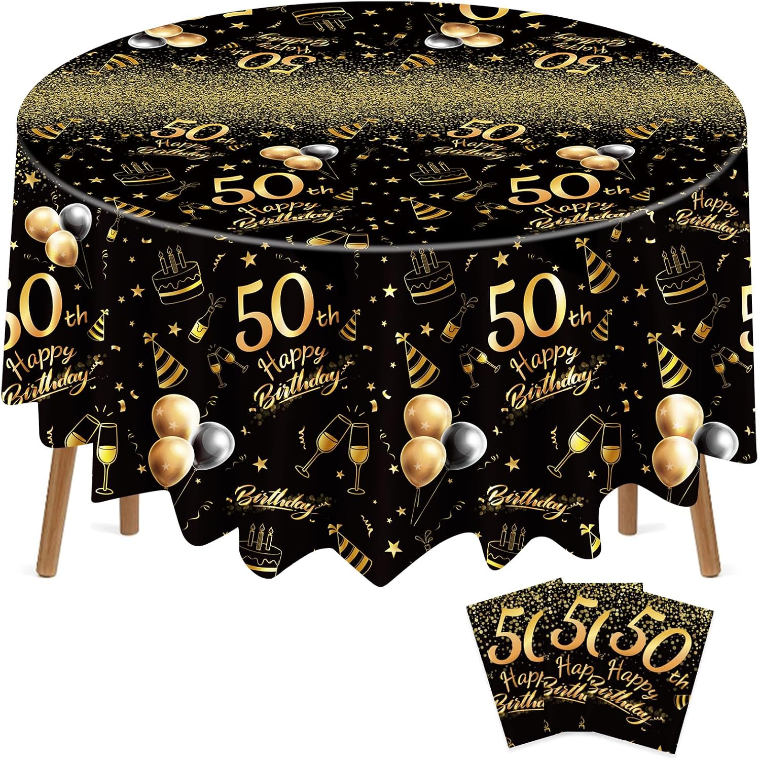 Oudain 3 Pack 70th Round Birthday Tablecloth Black and Gold Happy Birthday Party Decorations 84 Inch Disposable Plastic Circle Table Cover Anniversary Party Supplies for Men Women