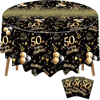 Oudain 3 Pack 50th/70th/80th Round Birthday Tablecloth Black and Gold Happy Birthday Party Decorations 84 inch Disposable Plastic Table Cover Anniversary Party Supplies for Men Women(50th)