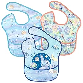 Bumkins Disney Bibs for Girl or Boy, SuperBib Baby and Toddler for 6-24 Months, Essential Must Have for Eating, Feeding, Baby Led Weaning, Mess Saving Waterproof Soft Fabric, 3-pk Stitch