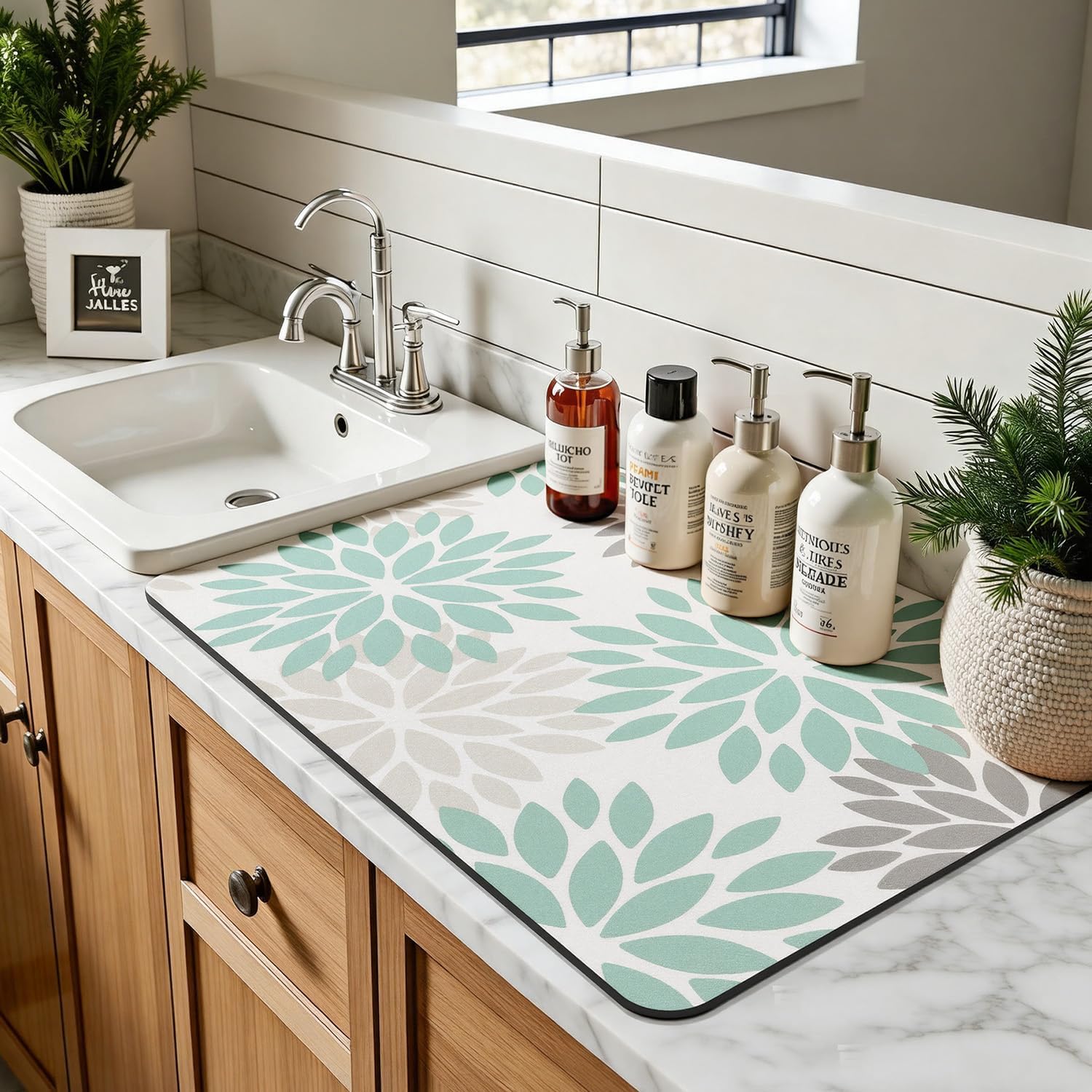 Floral Dish Drying Mat, Super Absorbent & Hide Stain Coffee Mat,