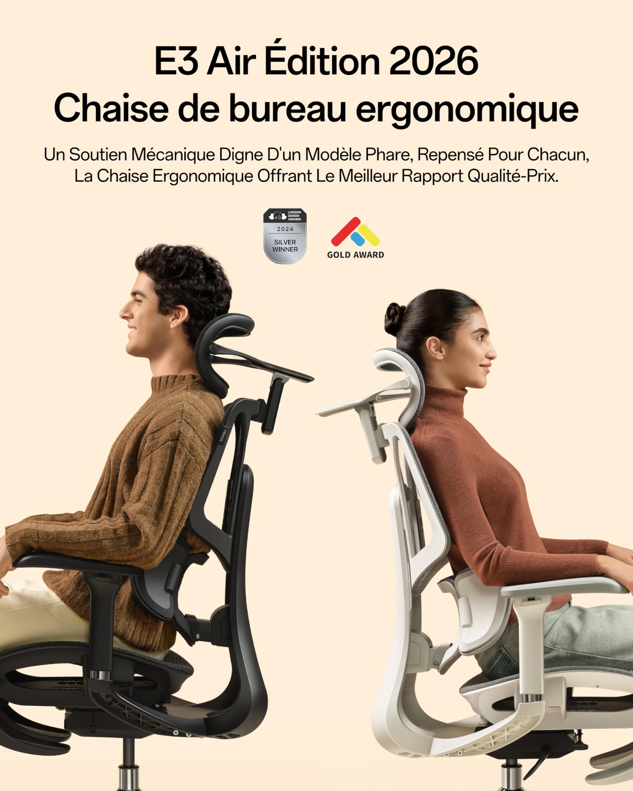 Hbada E3 Air 2026 Chaise de Bureau Ergonomique, Soutien Lombaire 3 Zones, Appui-Tête & Accoudoirs 4D Améliorés, Inclinaison 140°, Maille Respirante (Gris)