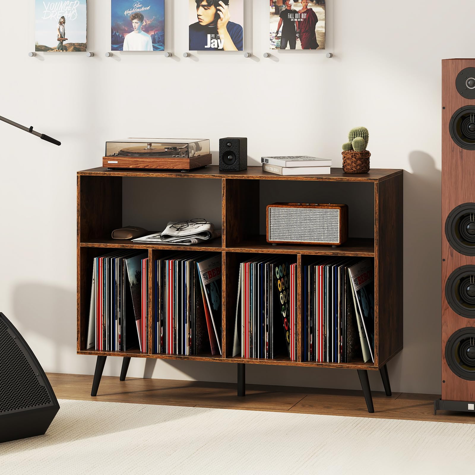 KOMFOTTEU 3-poziomowa szafka na gramofon, uchwyt na płyty winylowe z 4 przegródkami i 2 otwartymi półkami, stół gramofonowy z 5 metalowymi nogami (brązowy, bez stacji ładującej)
