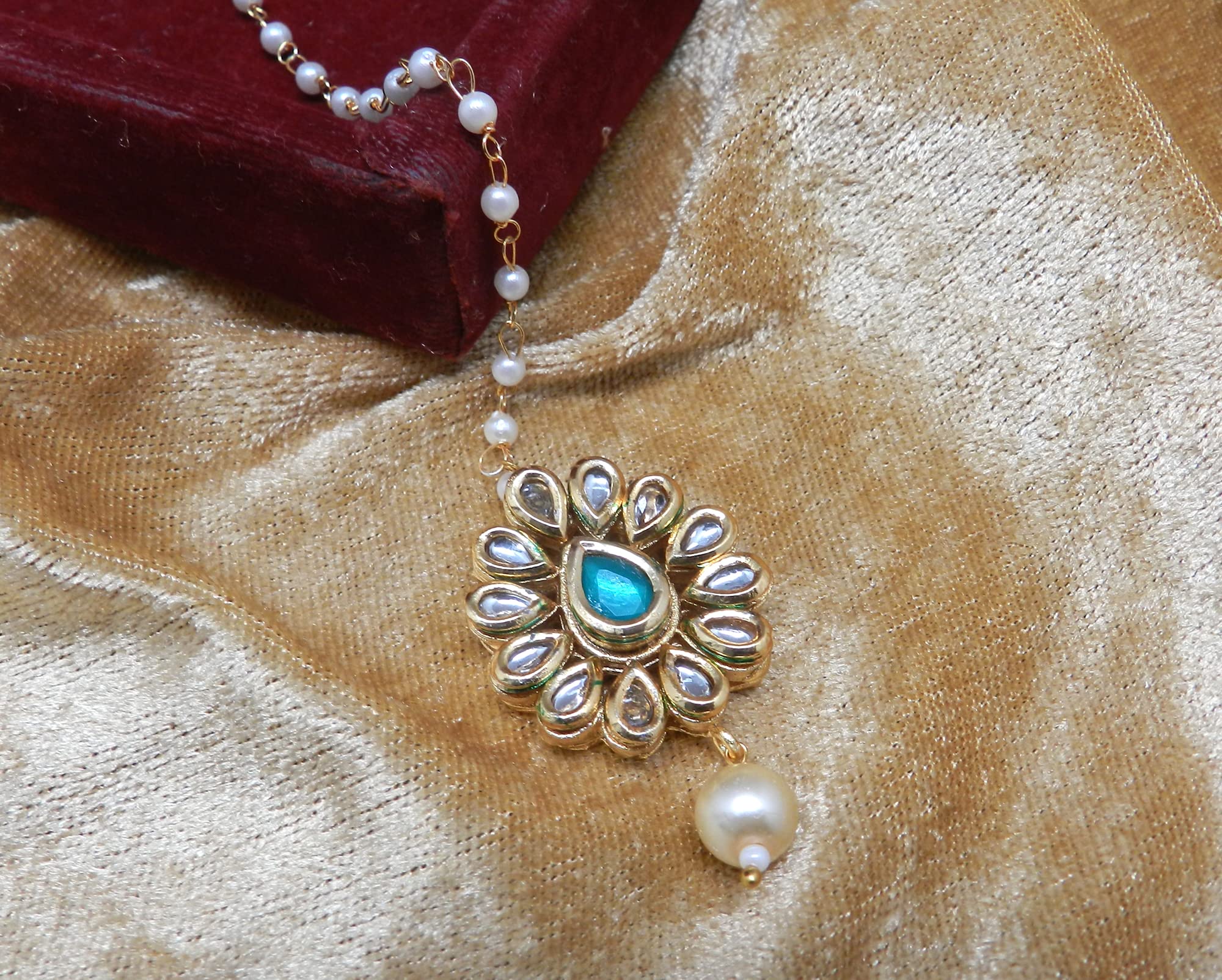 Radhesh Creation Jewellery Pear Shape Maang Tikka Decorated With Kundan Work (Green) 1